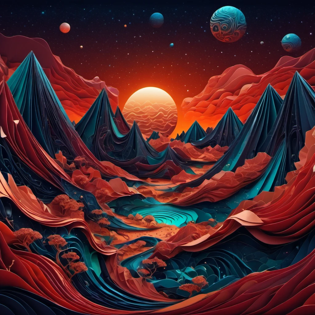 (best quality, highres, ultra sharp), magical alien landscape, mars, about the curvature of space time, round mountains, zentangle lines, art decostyle , full colored, 3d crunch, dark tones,
