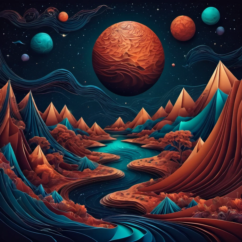 (best quality, highres, ultra sharp), magical alien landscape, mars, about the curvature of space time, round mountains, zentangle lines, art decostyle , full colored, 3d crunch, dark tones,