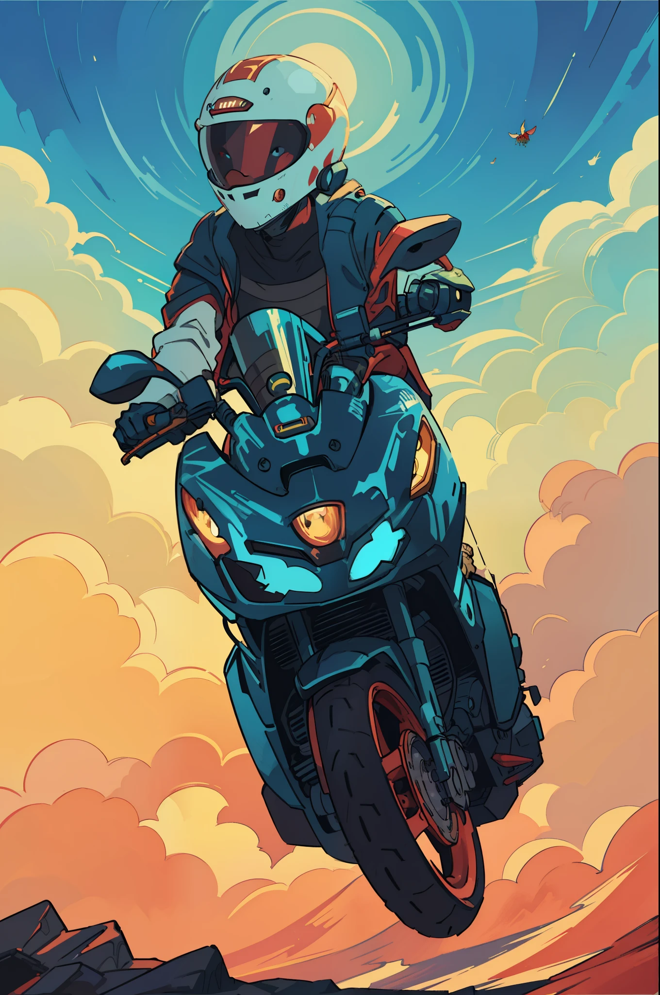 Man, the motorcycle,Card templates,crayfish,Works by Victor,kilian eng vibrant colours,Dynamic lighting,number art,Award-winning masterpieces,Incrediblely beautiful,illustration,The aesthetic is inspired by Beksiński and Dammenford,trending on artstationh,art of greg rutkowsk, warna kuning, 8kK。
