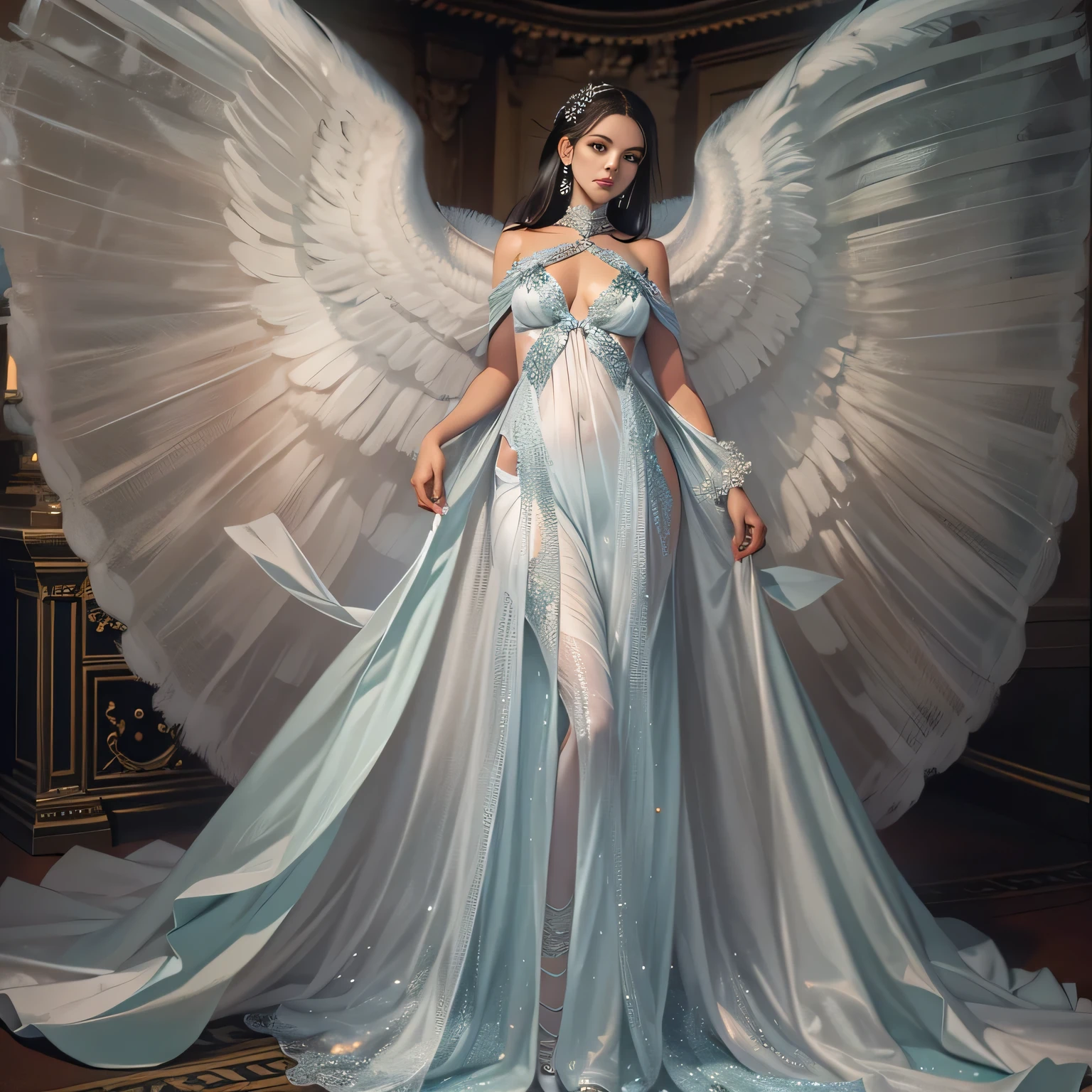 Beautiful woman in very long translucent satin dress andwith angel wings
