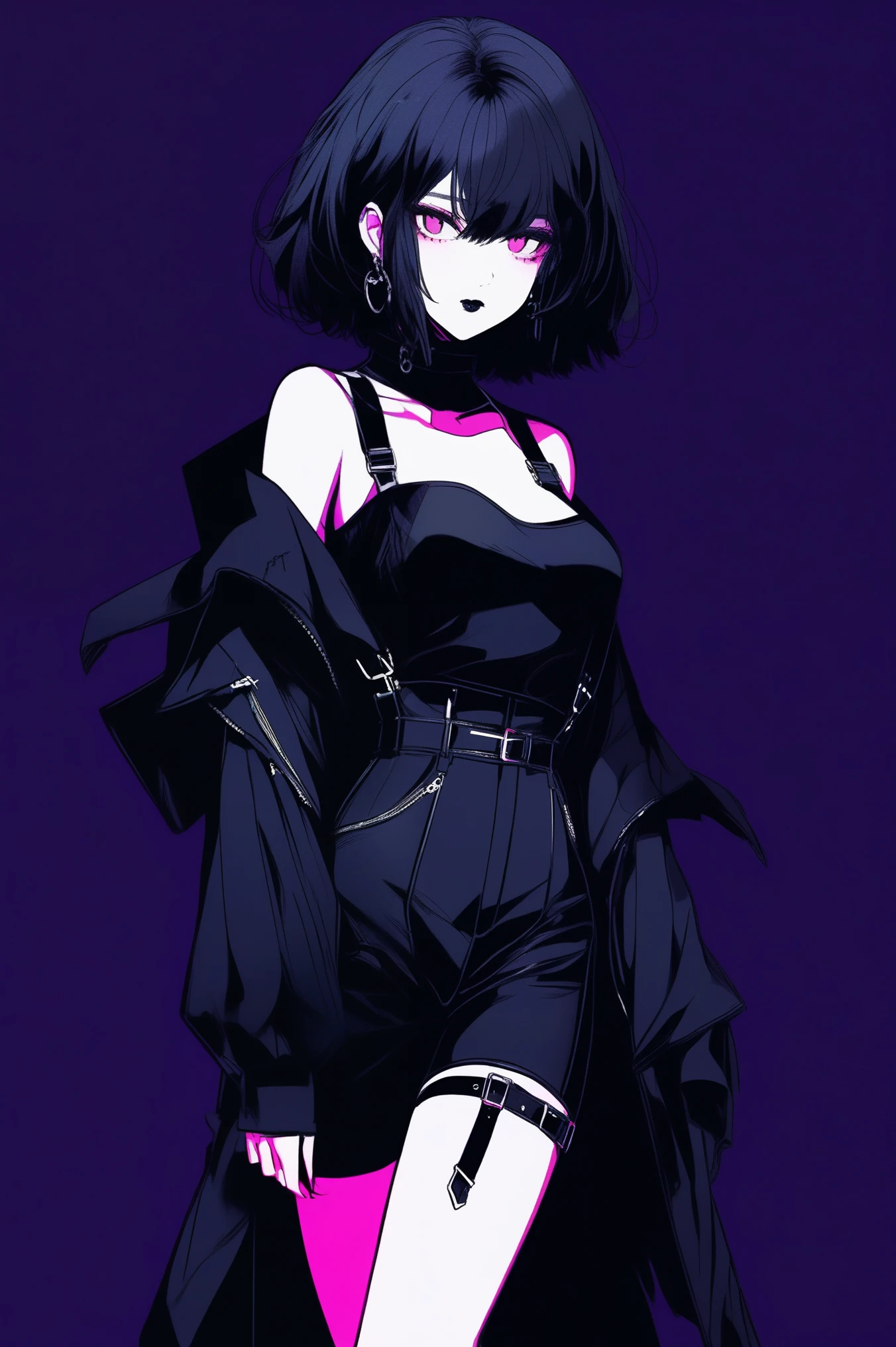 (best quality, sketch:1.2),realistic,illustrator,anime,1 girl, detailed lips, black cosplay demon,custom, (background dark monochrome),neon hair,textured cropping, masterpiece, style retro classic, noir dark, art, sketch book, (bob hair black:1.75 neon:1.32), dark monochrome background, full body, stocking suspenders