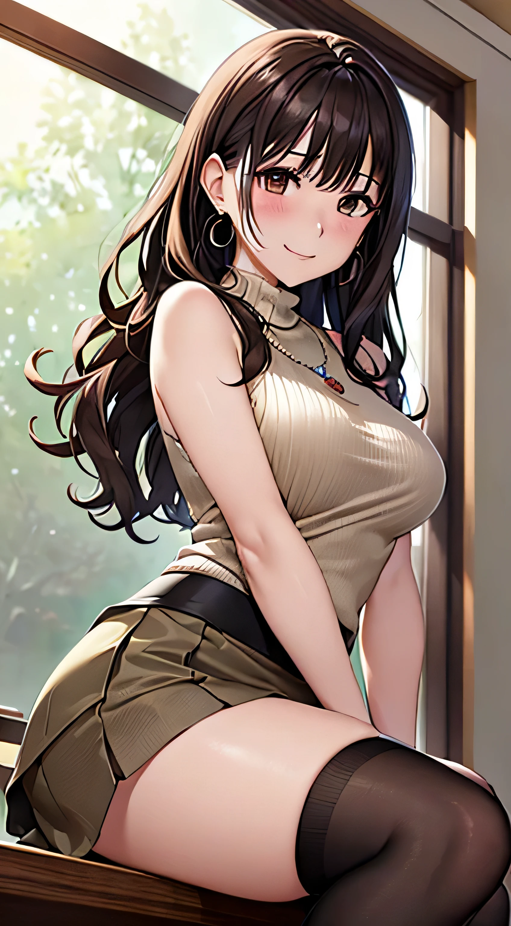 (table top, highest quality, High resolution, , perfect pixel, 4k,), 1 girl, single, alone, Beautiful woman、I could see the whole body、 ((wavy middle hair, bangs, brown hair)), ((brown eyes, beautiful eyelashes, realistic eyes)), ((detailed face, blush:1.2)), ((smooth texture:0.75, realistic texture:0.65, realistic:1.1, Anime CG style)), medium breasts, dynamic angle, perfect body, ((, female teacher, , earrings、necklace、Beige sleeveless turtleneck sweater、Tight Skirt、black knee high stockings、、shy smile)), upper grade、、、evening、、Bring your arms together to emphasize your chest、hold the necklace between your chest、(、()、angle from below)、