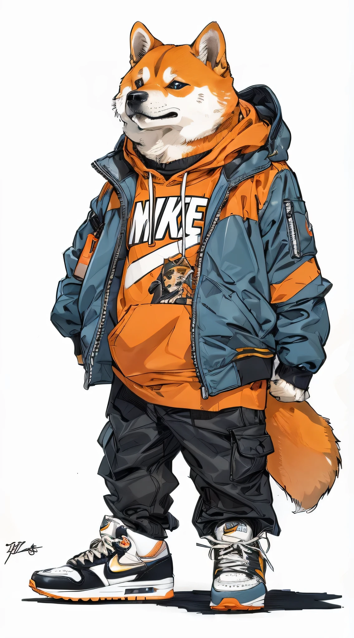 (best quality, ultra-detailed, 8k, uhd:1.2), character design of a shiba inu in streetwears, wears a pair of Nike Air Max 1s, celebrating Air Max Day on March the 26th