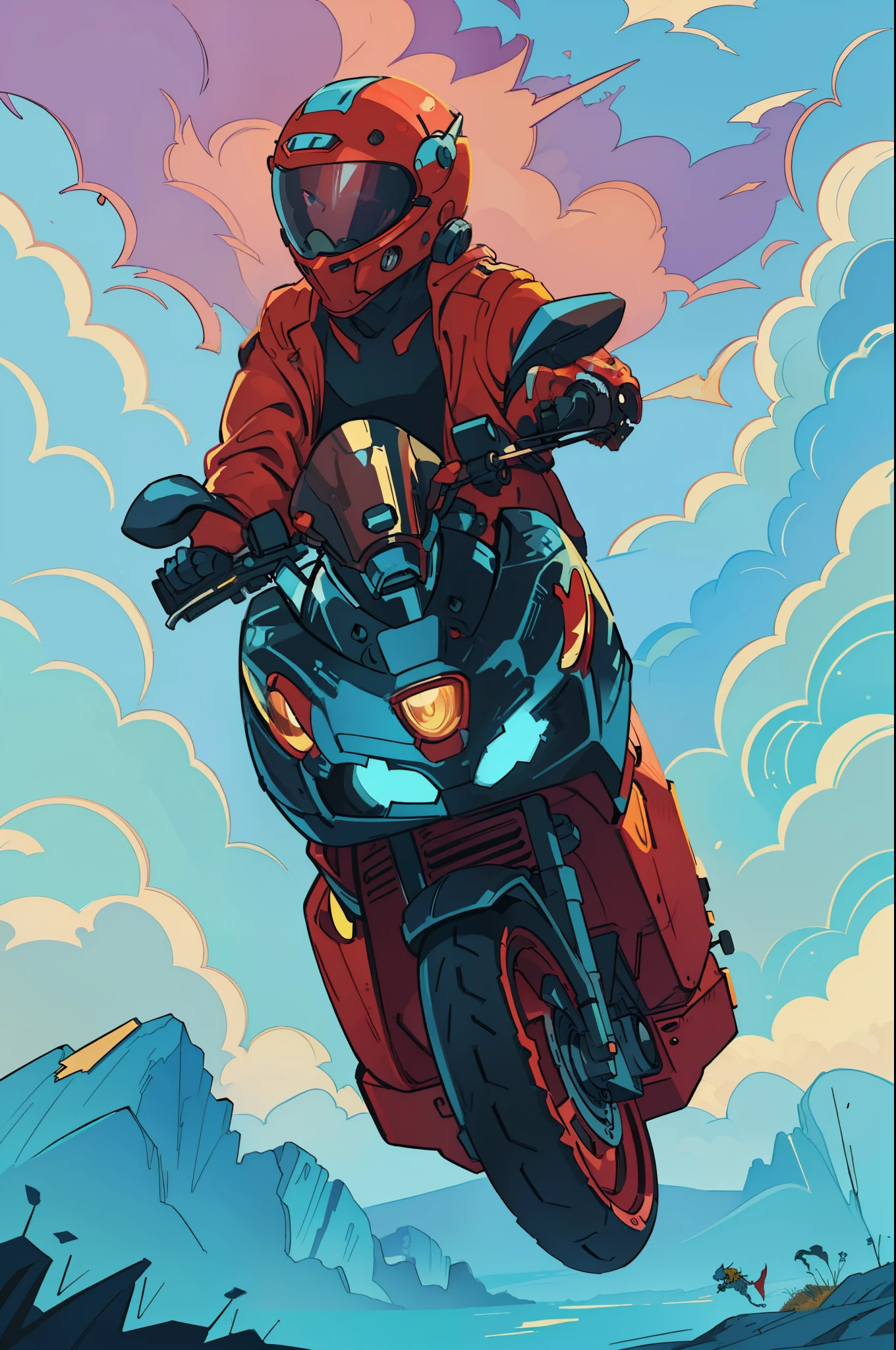 Man, the motorcycle,Card templates,crayfish,Works by Victor,kilian eng vibrant colours,Dynamic lighting,number art,Award-winning masterpieces,Incrediblely beautiful,illustration,The aesthetic is inspired by Beksiński and Dammenford,trending on artstationh,art of greg rutkowsk, warna kuning, 8kK。