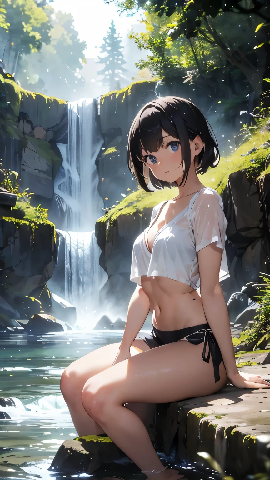 Image: A woman sitting on a rock in front of a waterfall, with breasts, short hair, bangs, blue eyes, blonde hair, wearing a shirt with a navel, cleavage, and collarbone exposed. This is a full-body image, set outdoors with the woman in Indian style sitting position. Her lips are parted, she is barefoot with wet, see-through clothing and no bra. There is moss around the area.
Descriptive keywords: Sensual, natural, serene.
Photographic style: Soft focus, emphasizing the woman's features and the natural surroundings.
Tone: Calm and contemplative.
Object: Woman.
Action: Sitting in a relaxed position, gazing at the waterfall in front of her.