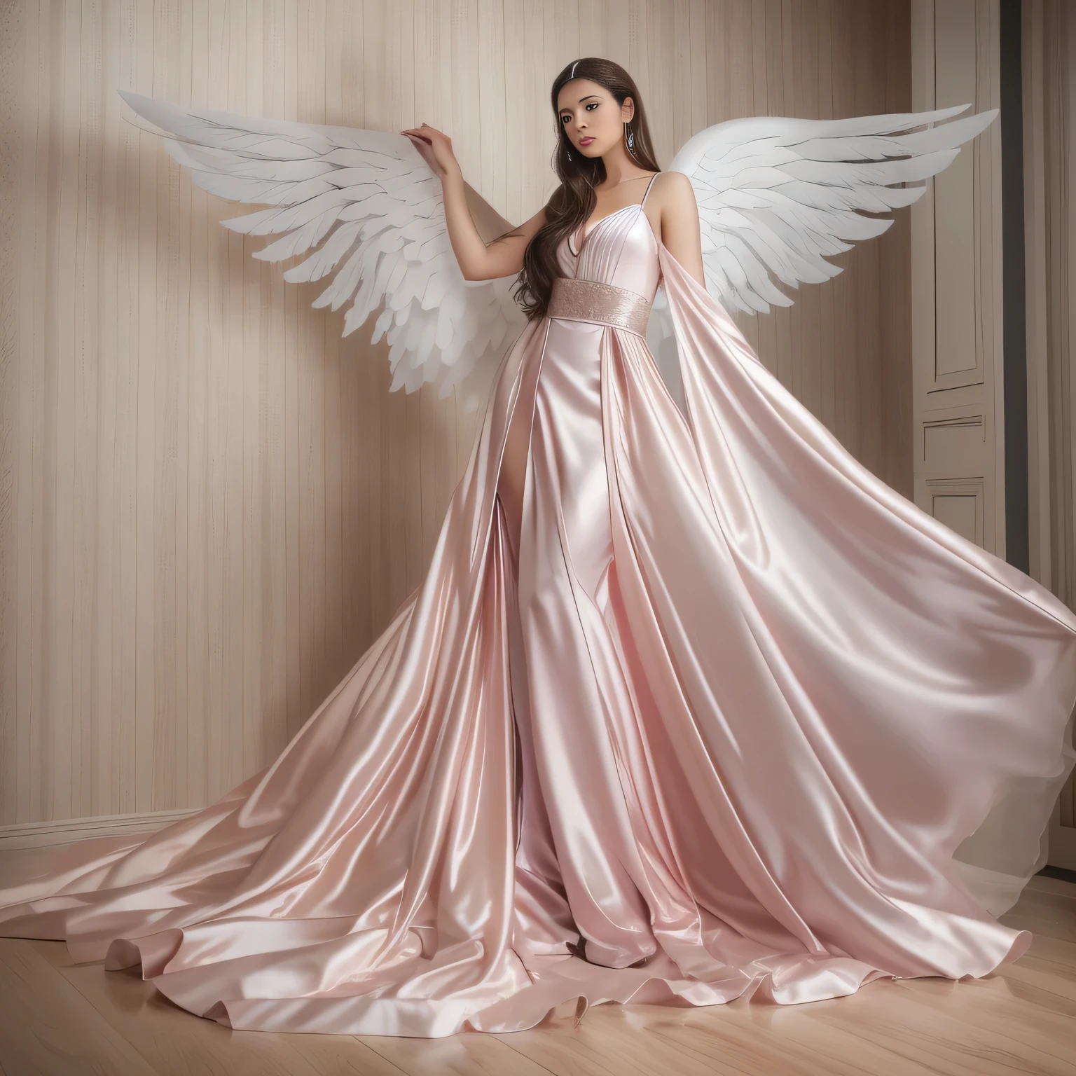 Beautiful woman in very long translucent satin dress andwith angel wings