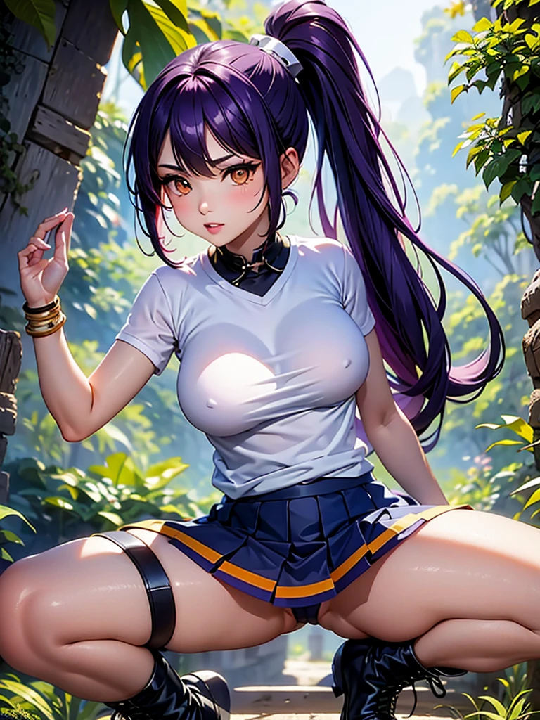 super quality, many details, a sexy warrior, with a short skirt, holding a bow, with a low-cut T-shirt, big breasts, big orange eyes, hair in a ponytail, piercing gaze, boots, hair in two shades of purple and yellow, wide bracelets on the hands, a jungle in the background, tanned skin, athletic constitution, provocative, erotic