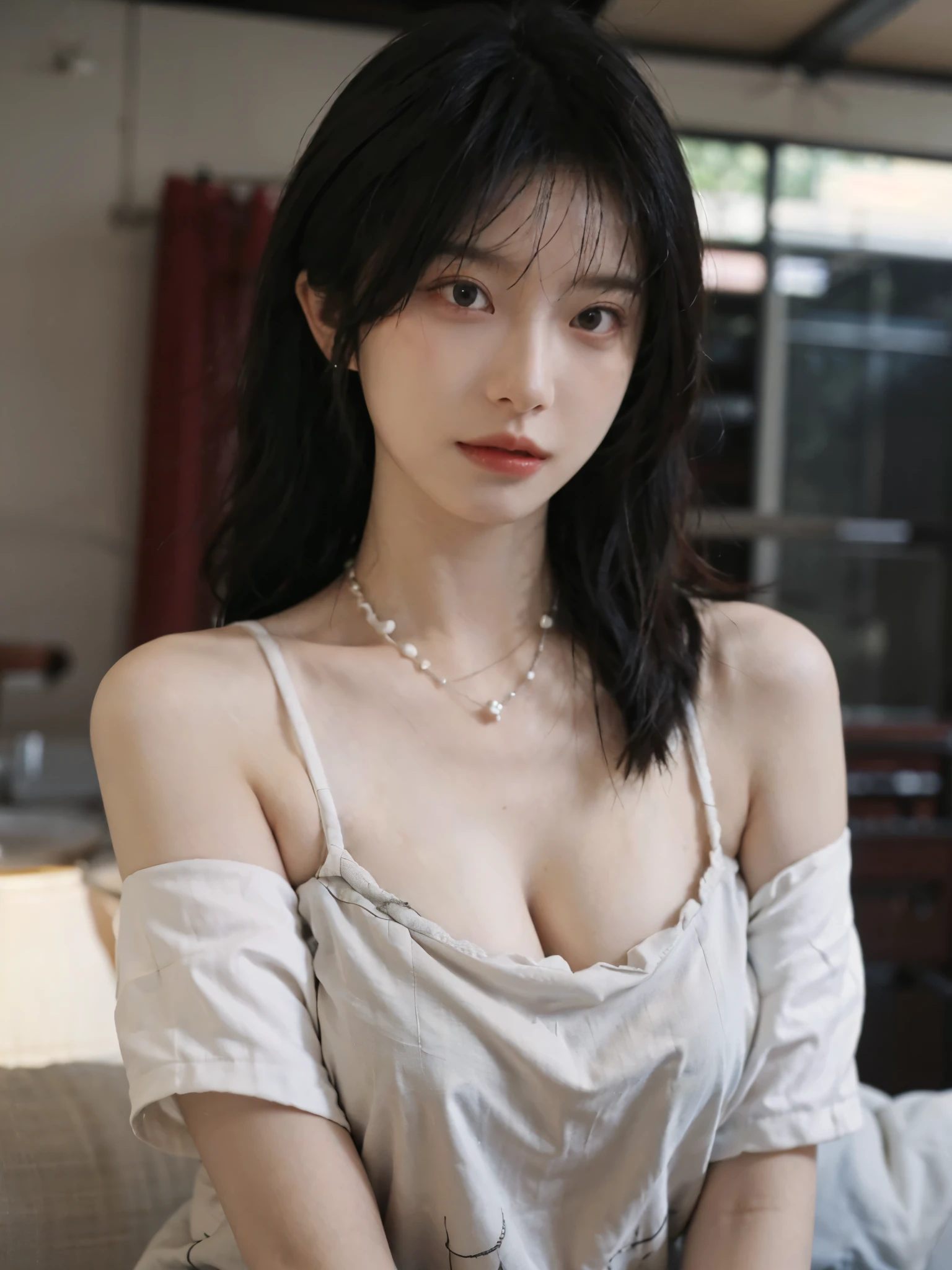 Film portrait photography, 1 girl, bare shoulders,lipstick，（flat chest：1.4）， wavy shoulder-length hair, wear necklace，scarf，earrings，short sleeves，serene, calm, (Realistic and detailed eyes, natural skin texture, Realistic facial details), Soft dramatic lighting, depth of field, Bokeh, Big breasts，cleavage，Vibrant details, Detailed and detailed, surreal, 35mm film, hazy, ,