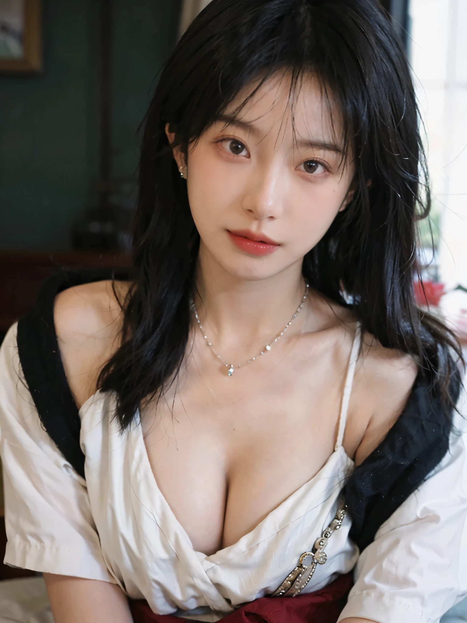 Film portrait photography, 1 girl, bare shoulders,lipstick，（flat chest：1.4）， wavy shoulder-length hair, wear necklace，scarf，earrings，short sleeves，serene, calm, (Realistic and detailed eyes, natural skin texture, Realistic facial details), Soft dramatic lighting, depth of field, Bokeh, Big breasts，cleavage，Vibrant details, Detailed and detailed, surreal, 35mm film, hazy, ,