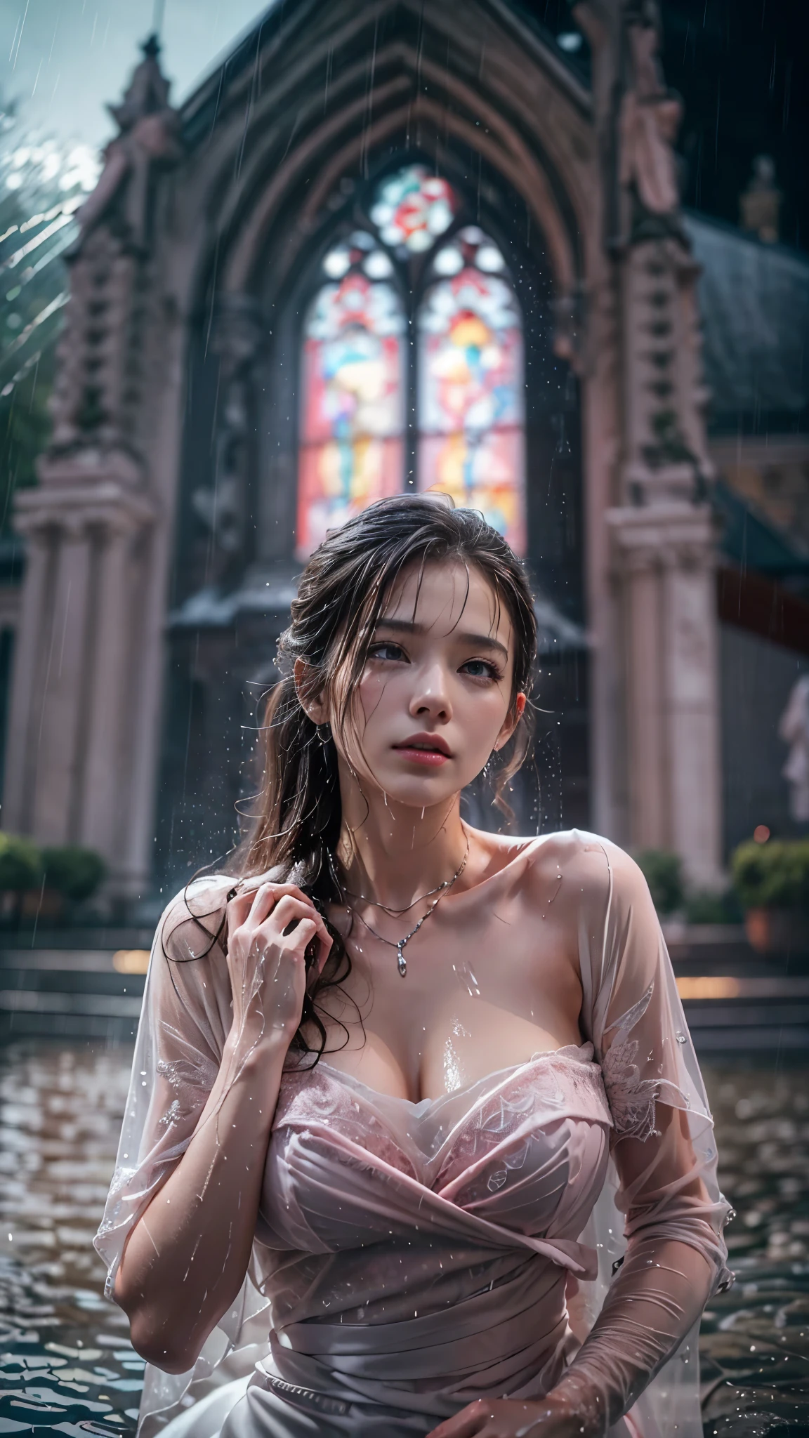 (RAW shooting, Photoreal:1.5, 8K, highest quality, masterpiece, ultra high resolution), (((Typhoon heavy rain))), perfect dynamic composition:1.2, (In front of a church at night in a modern city, expression of sadness:1.1, Tears are flowing:1.1, cry with a broken heart:1.1), Highly detailed skin and facial textures:1.2, Slim office lady wet in the rain:1.3, cowboy shot, Fair skin:1.2, sexy beauty:1.1, perfect style:1.2, beautiful and aesthetic:1.1, very beautiful face:1.2, water droplets on the skin, (rain drips all over my body:1.2, wet body:1.2, wet hair:1.3), (Holding a wet bouquet:1.2, wet pink wedding dress:1.3), (Medium chest, Bra is transparent, Chest gap),  (Eyes that feel beautiful eros:0.8), (Too erotic:0.9, Bewitching:0.9), necklace, earrings, bracelet