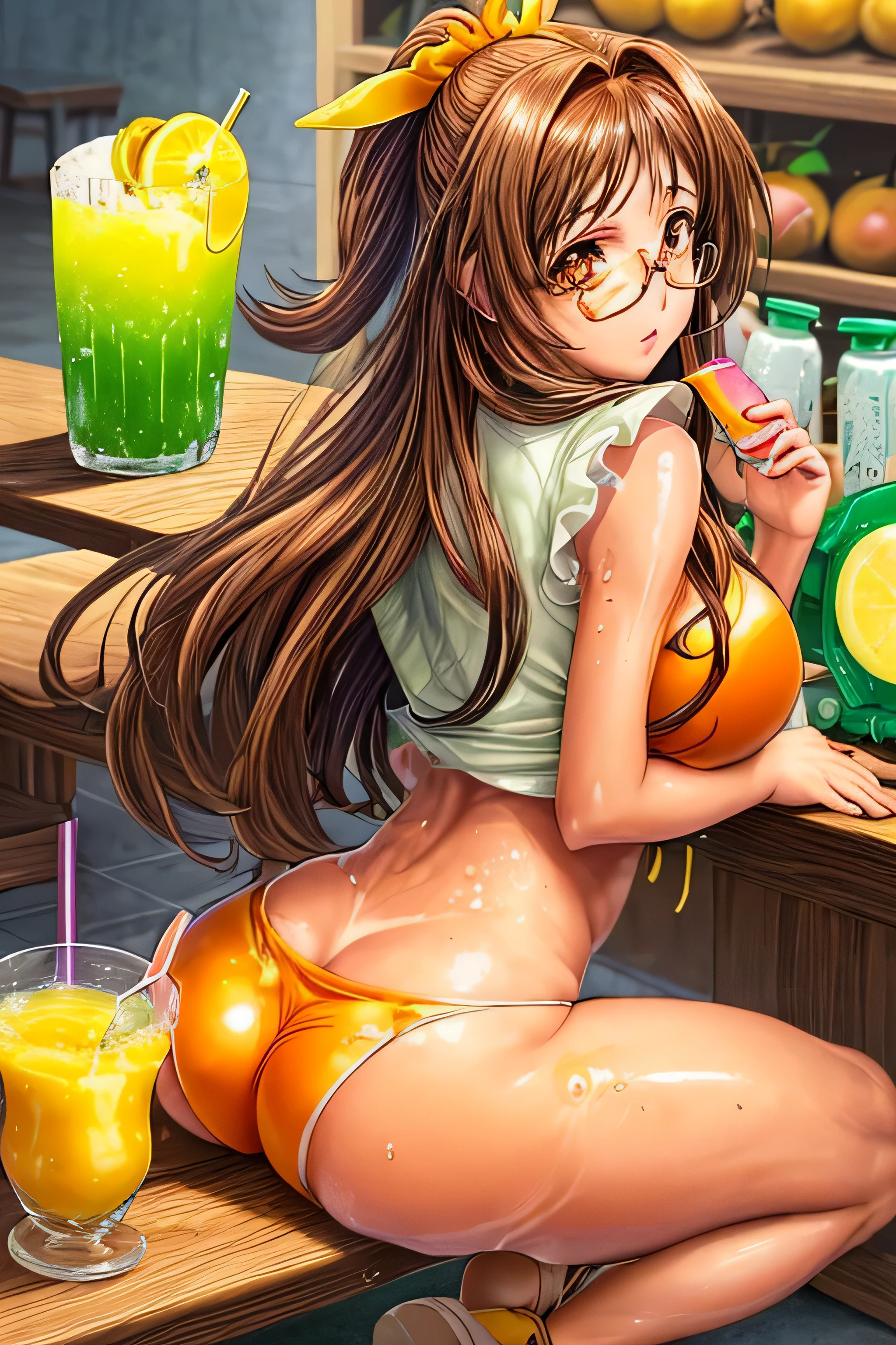 High resolution, high quality, 1 girl, anime girl, brown long hair, brown eyes,heart-shaped pupil, Green glasses, tanned skin, big breasts,beautiful breasts, (big ass),beautiful butt,white ,squat,(drink a lot of juice),(inflate one&#39;s stomach),(lemonade),(lemon juice),(orange juice),(mango juice),(Binapple juice),(water),at the cafe,