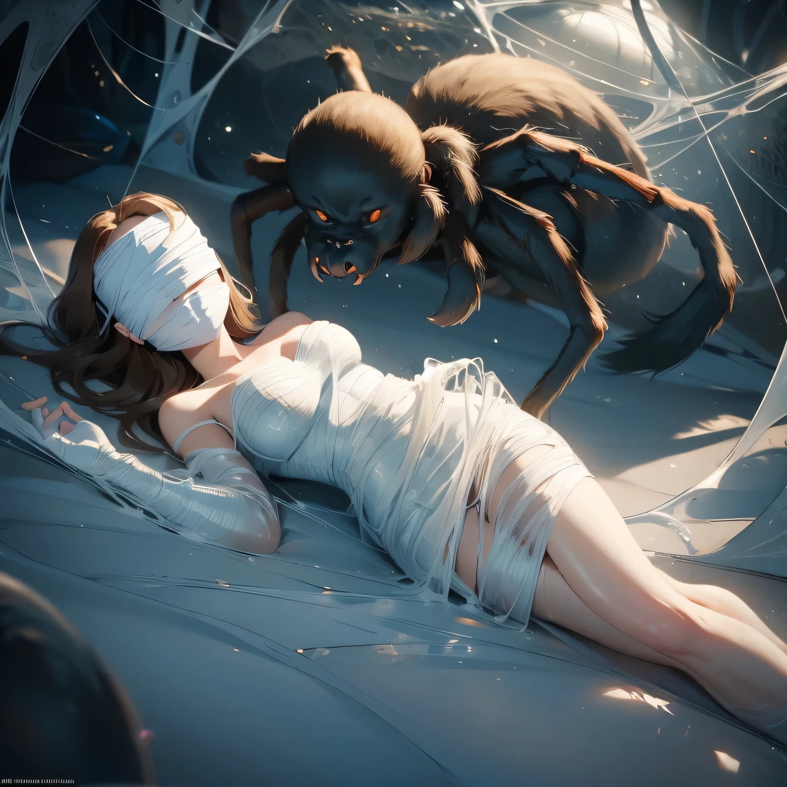 1girl,Spider weaves a net on a girl, very realistic, very detailed,bed,stretched,in the tent struggle in the net,brown haired, very long sheer skirt,lying down,(blindfold:1.4)