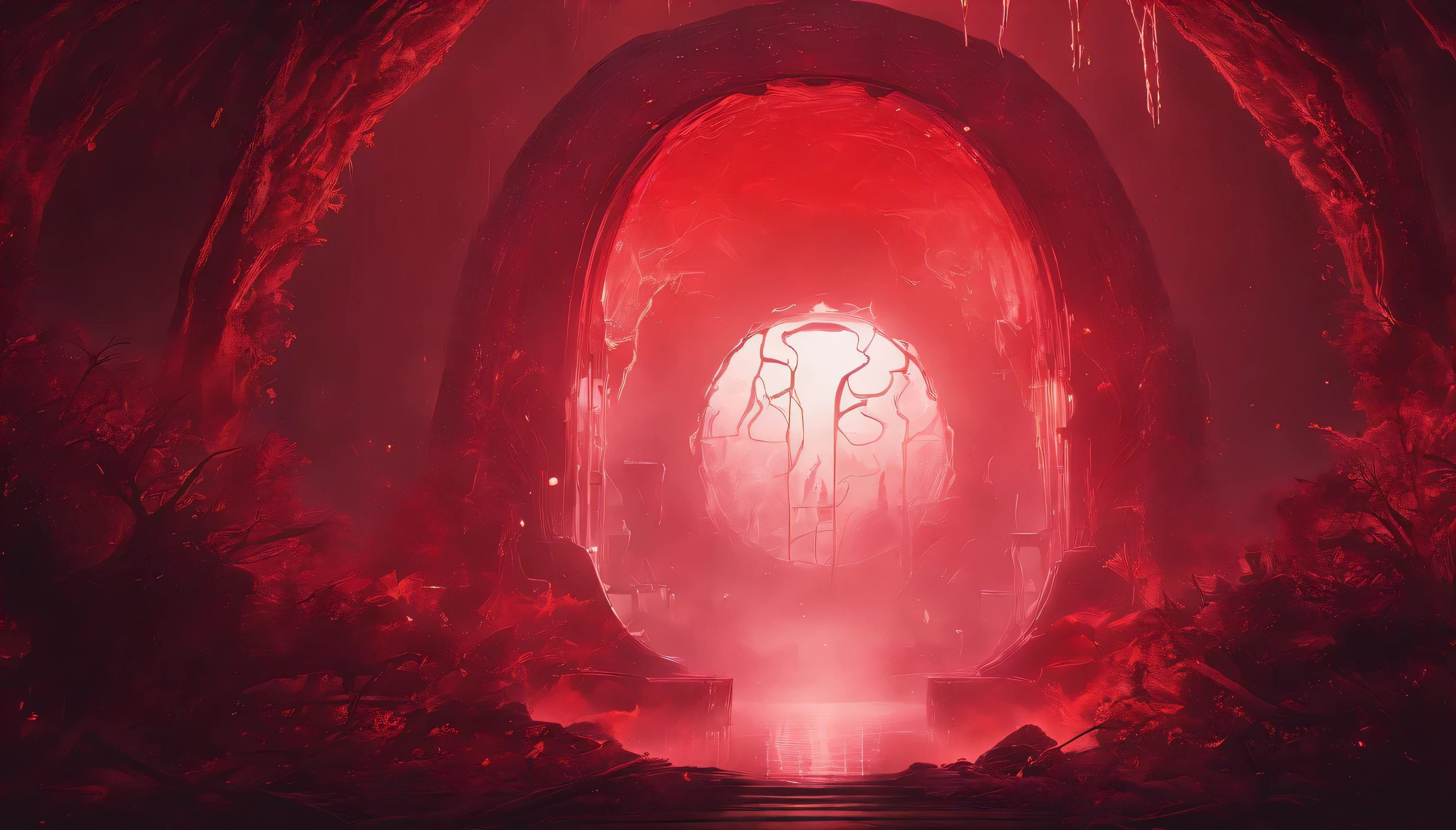Highly detailed stunning image of a mysterious red liquid portal in a fantasy environment, fog, magic, HDR, volumetric lighting, 3D render, trending on artstation, Super-Resolution, Massive Scale, Perfectionism, Soft Lighting, Ray Tracing Global Illumination, Translucidluminescence, Crystalline, Lumen Reflections, in a dark and creepy style,