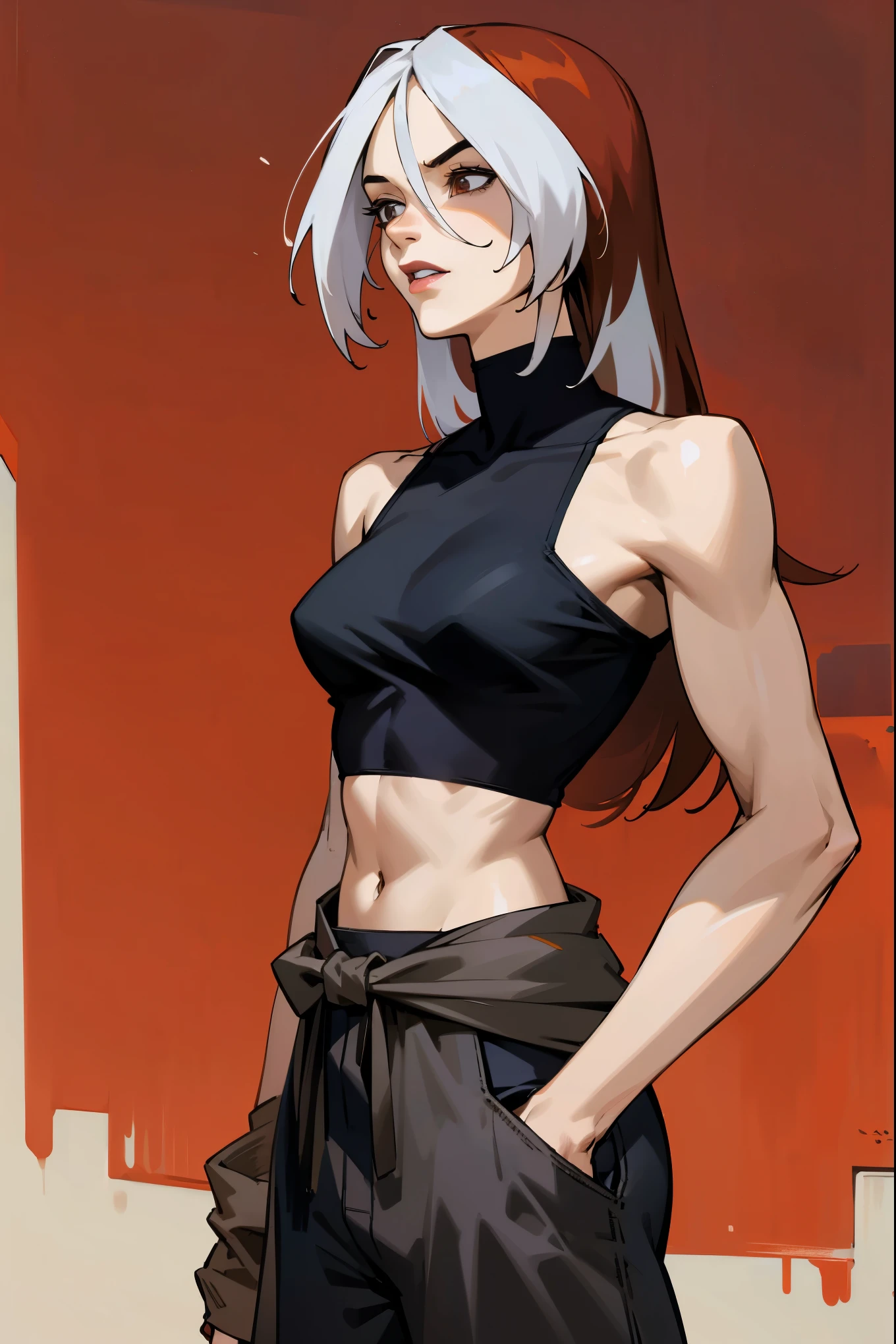 1female, two toned hair, auburn hair, white hair, muscular, long hair, bored expression, ruby eyes, dark outside background, detailed background, (marvel), white tanktop, brown baggy pants, coat tied around waist, detailed eyes