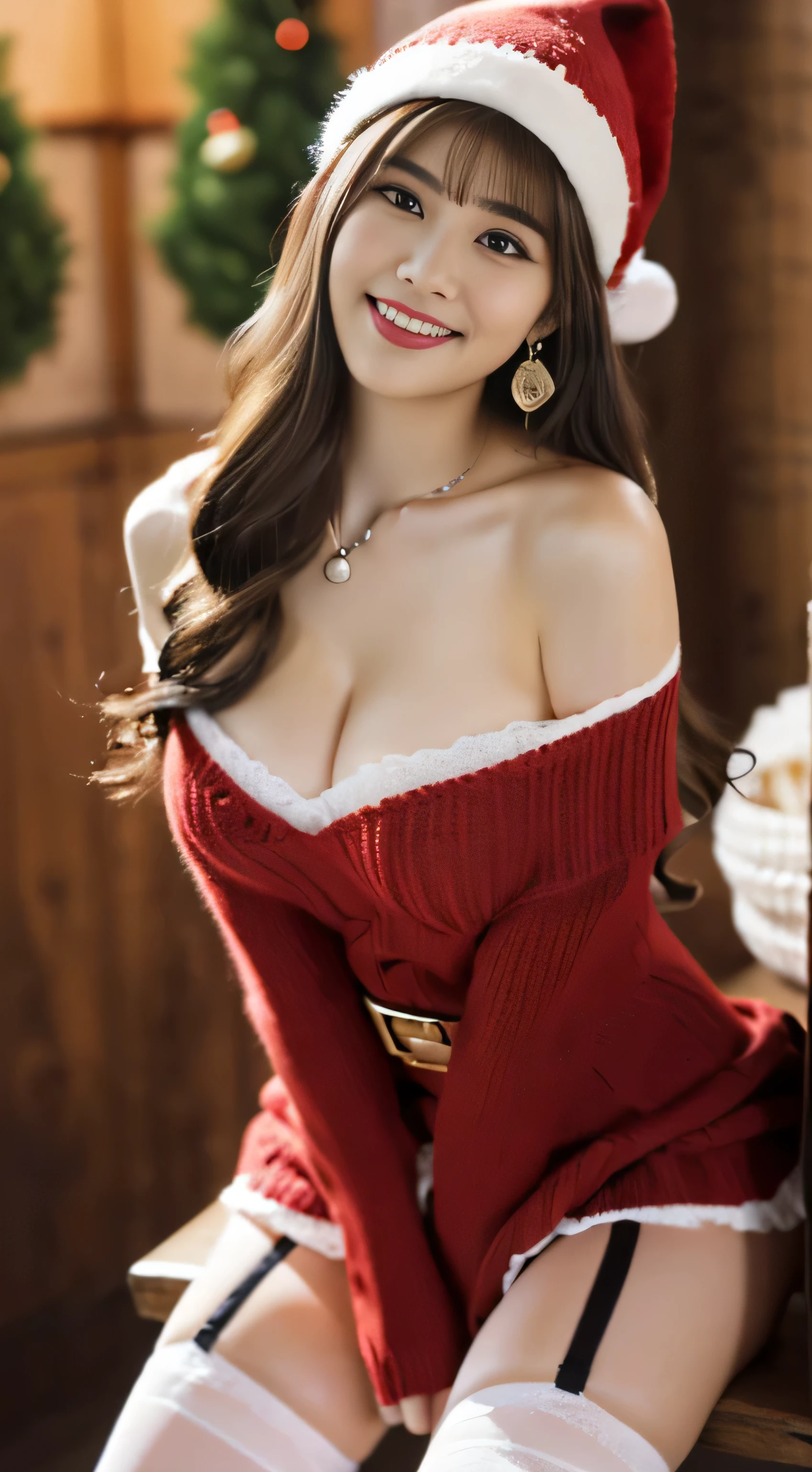 ((table top, highest quality, High resolution, , perfect pixel, 4k, ))), 1 girl, single, alone, Beautiful woman、(Angle where you can see the whole body)、 ((middle wave hair, bangs, brown hair)), ((brown eyes, beautiful eyelashes, realistic eyes)), ((detailed face, blush:1.2)), ((smooth texture:0.75, realistic texture:0.65, realistic:1.1, Anime CG style)), 、soft chest、dynamic angle, perfect body, ((santa claus costume、、knit hat、red off shoulder sweater、red and white flared skirt、black garter stockings、earrings、necklace、cute smile、leaning forward、、upper grade、