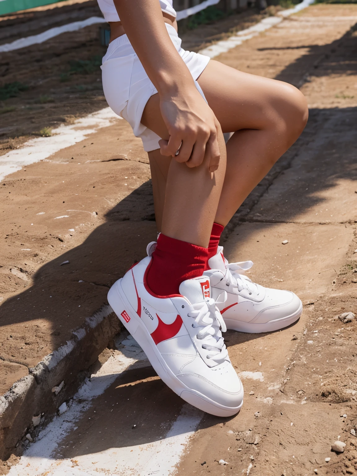 produza um tenis branco com a sola vermelha com um logotipo escrito DVS