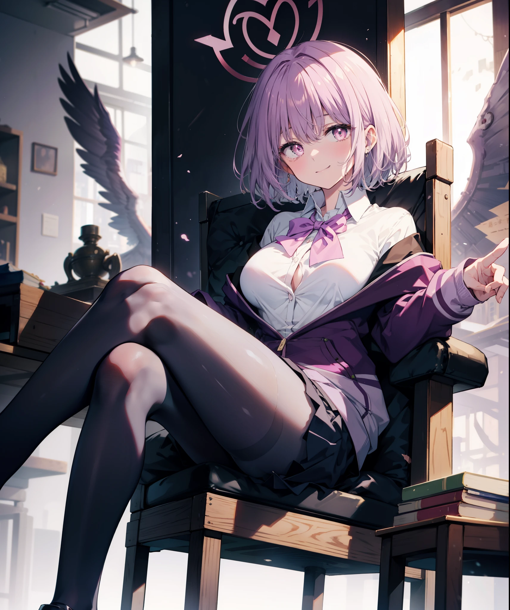 akaneshinjou, shinjou akane, light purple hair, (pink eyes:1.2), short hair,Akabu glasses,put your hand over your mouth,Peace sign at the mouth,happy smile, smile, open your mouth,sitting cross-legged on a chair,break black pantyhose, bow, collared shirt, hood, hooded Jacket, Jacket, open clothes, open Jacket, open shirt, pantyhose, purple bow, purple Jacket, , shirt, sleeves go over wrists, unbuttoned shirt, white shirt,brown loafers,
break indoors, classroom,
break looking at viewer, break (masterpiece:1.2), highest quality, High resolution, unity 8k wallpaper, (figure:0.8), (detailed and beautiful eyes:1.6), highly detailed face, perfect lighting, Very detailed CG, (perfect hands, perfect anatomy),