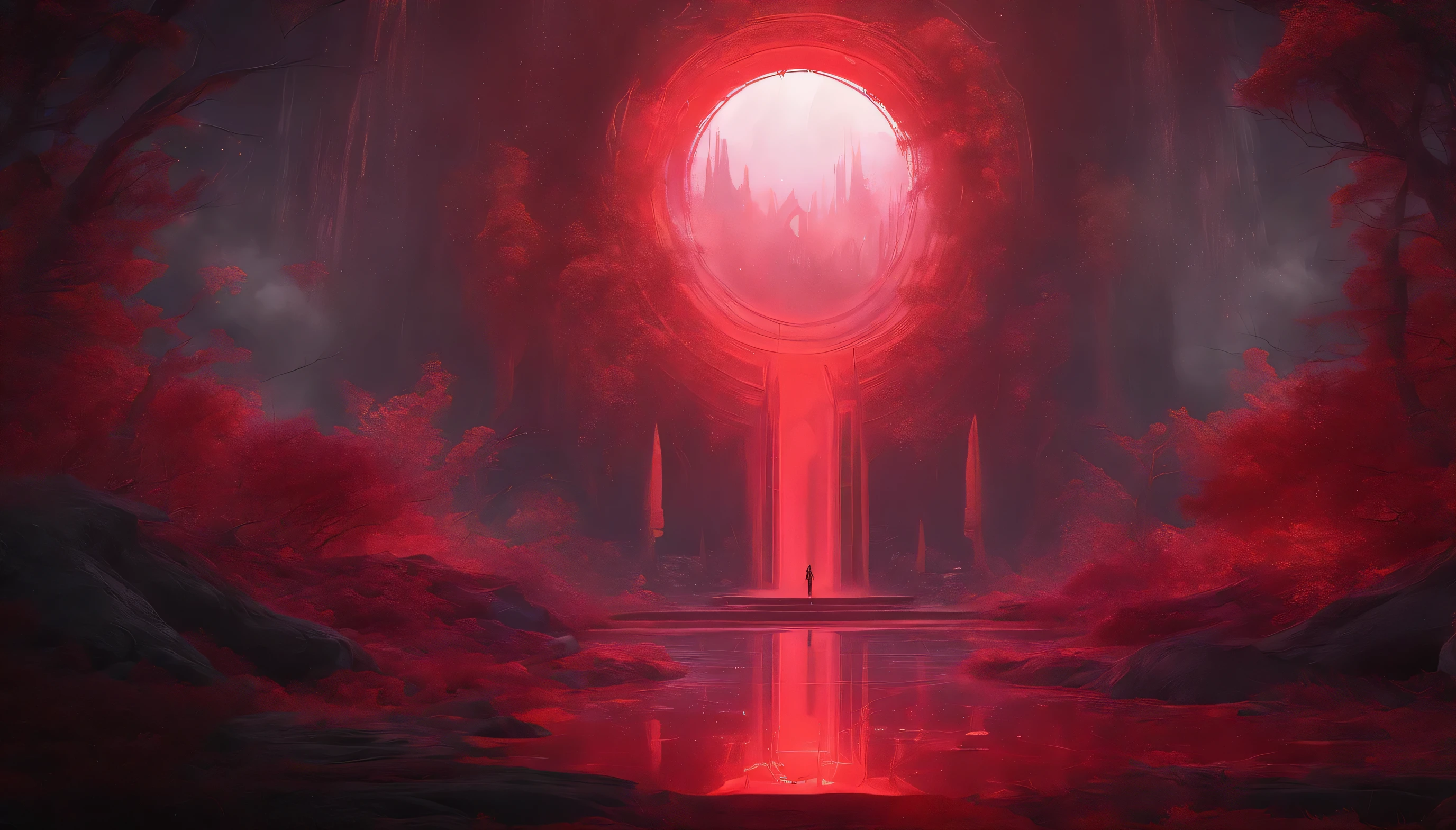 Highly detailed stunning image of a mysterious red liquid portal in a fantasy environment, fog, magic, HDR, volumetric lighting, 3D render, trending on artstation, Super-Resolution, Massive Scale, Perfectionism, Soft Lighting, Ray Tracing Global Illumination, Translucidluminescence, Crystalline, Lumen Reflections, in a dark and creepy style,