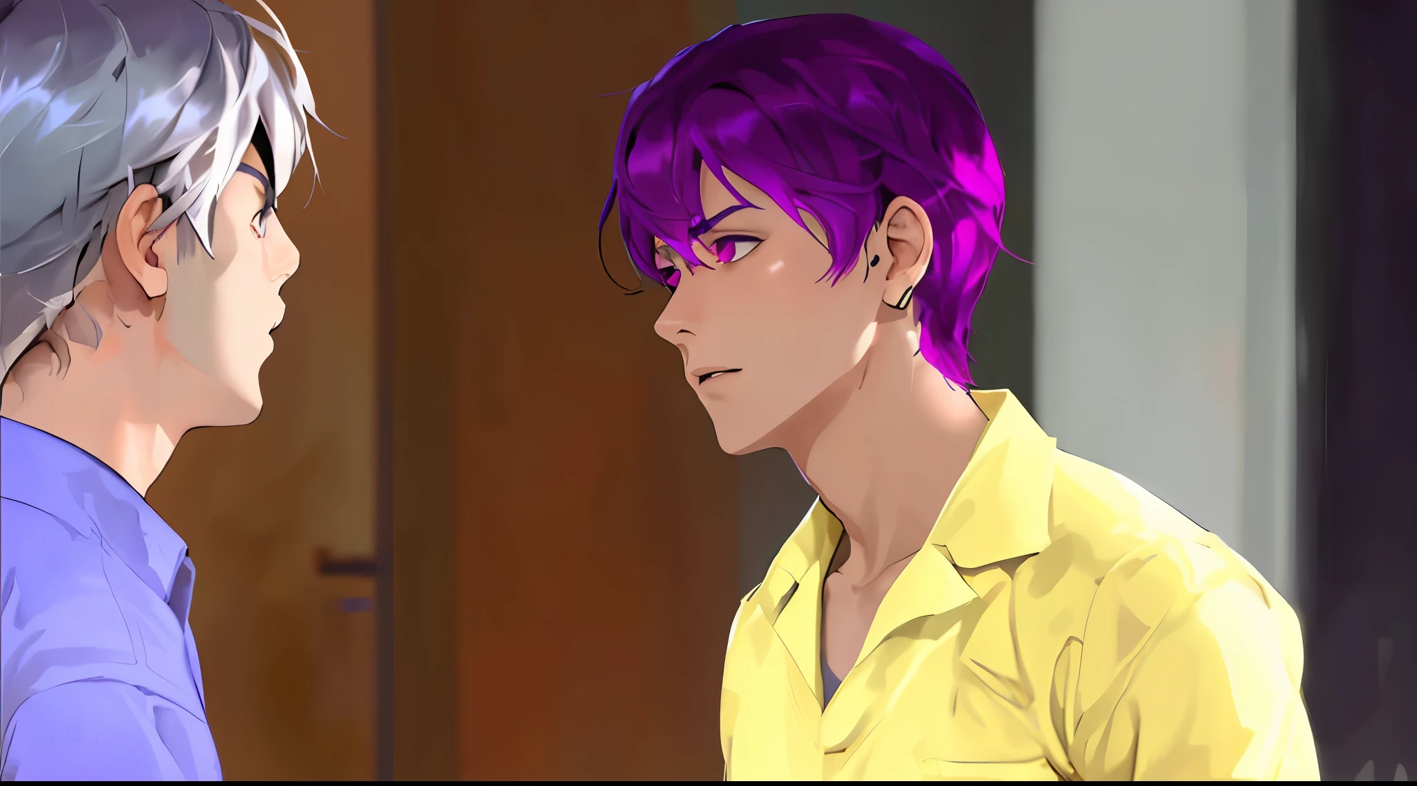 hay dos chicos mirandose uno con cabello plateado y el otro con cabello morado ojos morados 