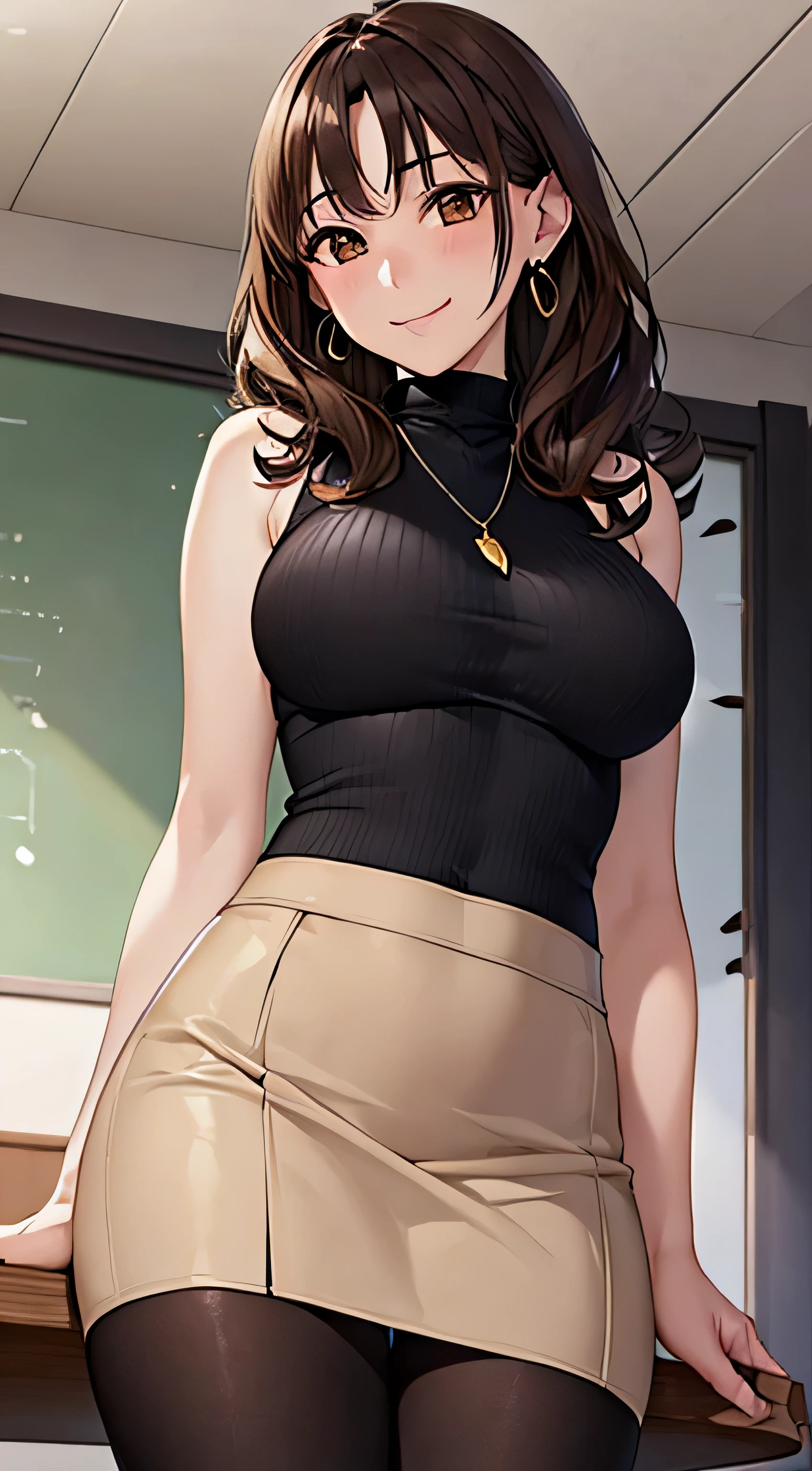 (table top, highest quality, High resolution, , perfect pixel, 4k,), 1 girl, single, alone, Beautiful woman、I could see the whole body、 ((wavy middle hair, bangs, brown hair)), ((brown eyes, beautiful eyelashes, realistic eyes)), ((detailed face, blush:1.2)), ((smooth texture:0.75, realistic texture:0.65, realistic:1.1, Anime CG style)), medium breasts, dynamic angle, perfect body, ((, female teacher, , earrings、necklace、Beige sleeveless turtleneck sweater、Tight Skirt、black knee high stockings、、shy smile)), upper grade、、、evening、、Bring your arms together to emphasize your chest、hold the necklace between your chest、(、()、angle from below)、