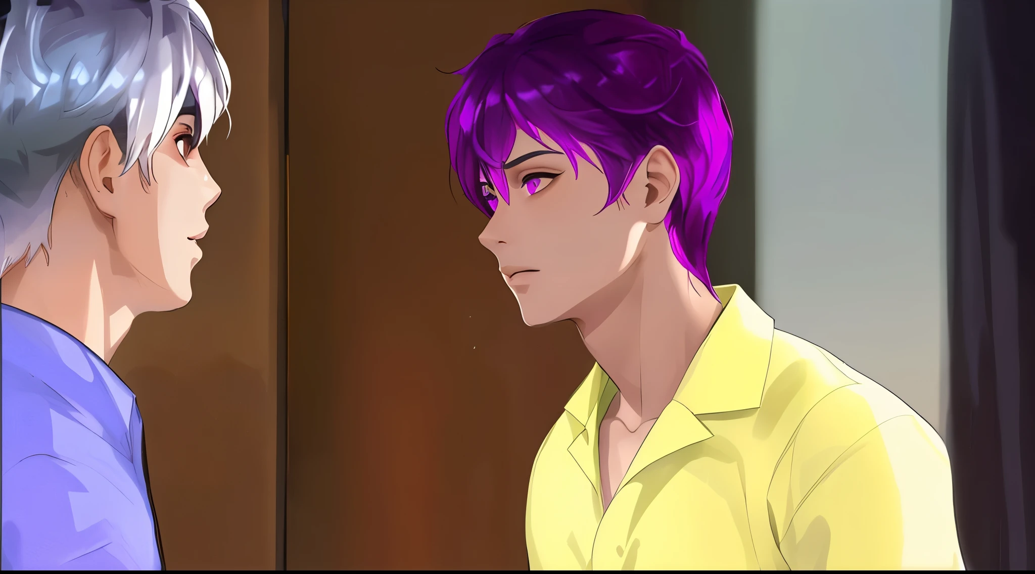hay dos chicos mirandose uno con cabello plateado y el otro con cabello morado ojos morados 