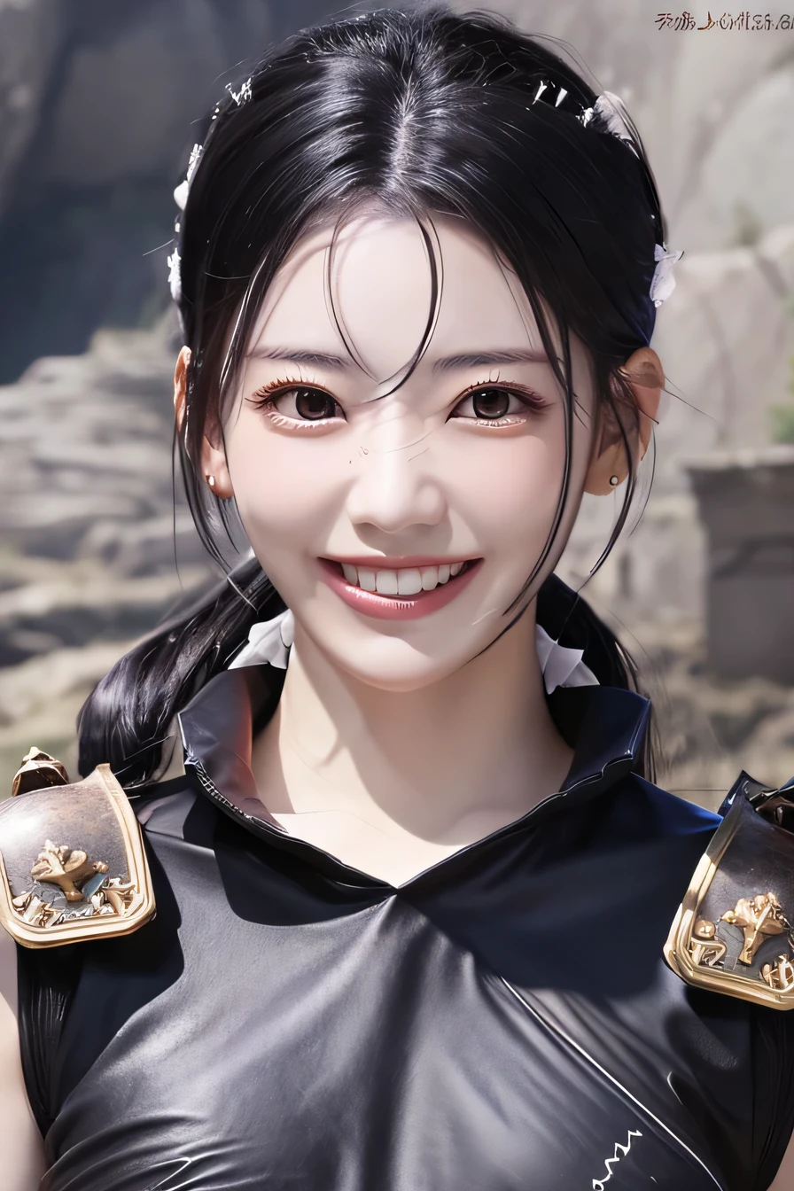 highest resolution, 4k, masterpiece: 1.3), japanese mature, women pictures, sexy, fine eyes, slender body shape, realistic teeth, double eyelid, full body, highest quality, become familiar with, equipped with armor, in a fantasy world, The background is a castle、black hair、ear piercing、smile、beautiful teeth
