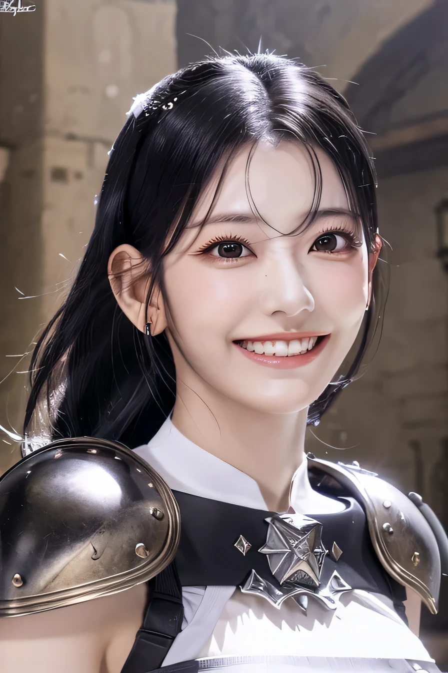highest resolution, 4k, masterpiece: 1.3), japanese mature, women pictures, sexy, fine eyes, slender body shape, realistic teeth, double eyelid, full body, highest quality, become familiar with, equipped with armor, in a fantasy world, The background is a castle、black hair、ear piercing、smile、beautiful teeth