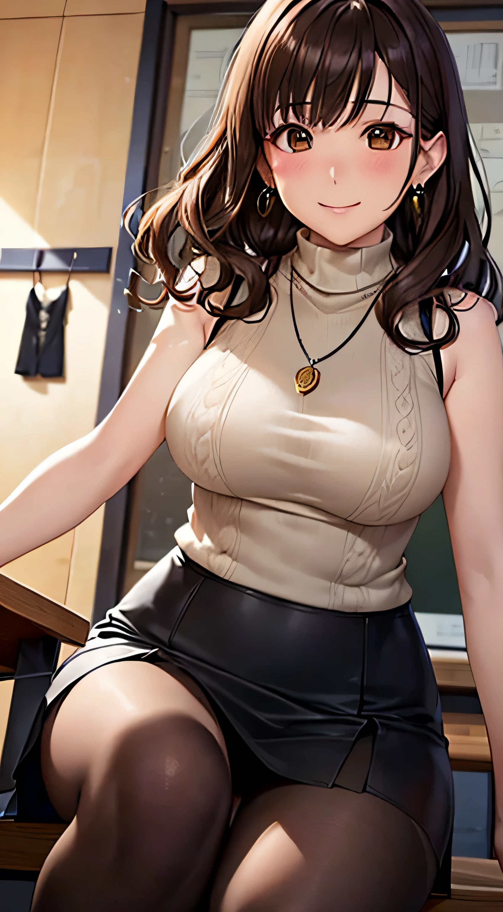 (table top, highest quality, High resolution, , perfect pixel, 4k,), 1 girl, single, alone, Beautiful woman、I could see the whole body、 ((wavy middle hair, bangs, brown hair)), ((brown eyes, beautiful eyelashes, realistic eyes)), ((detailed face, blush:1.2)), ((smooth texture:0.75, realistic texture:0.65, realistic:1.1, Anime CG style)), medium breasts, dynamic angle, perfect body, ((, female teacher, , earrings、necklace、sleeveless turtleneck sweater、Tight Skirt、black knee high stockings、、shy smile)), upper grade、、、evening、、Bring your arms together to emphasize your chest、hold the necklace between your chest、(、()、angle from below)、