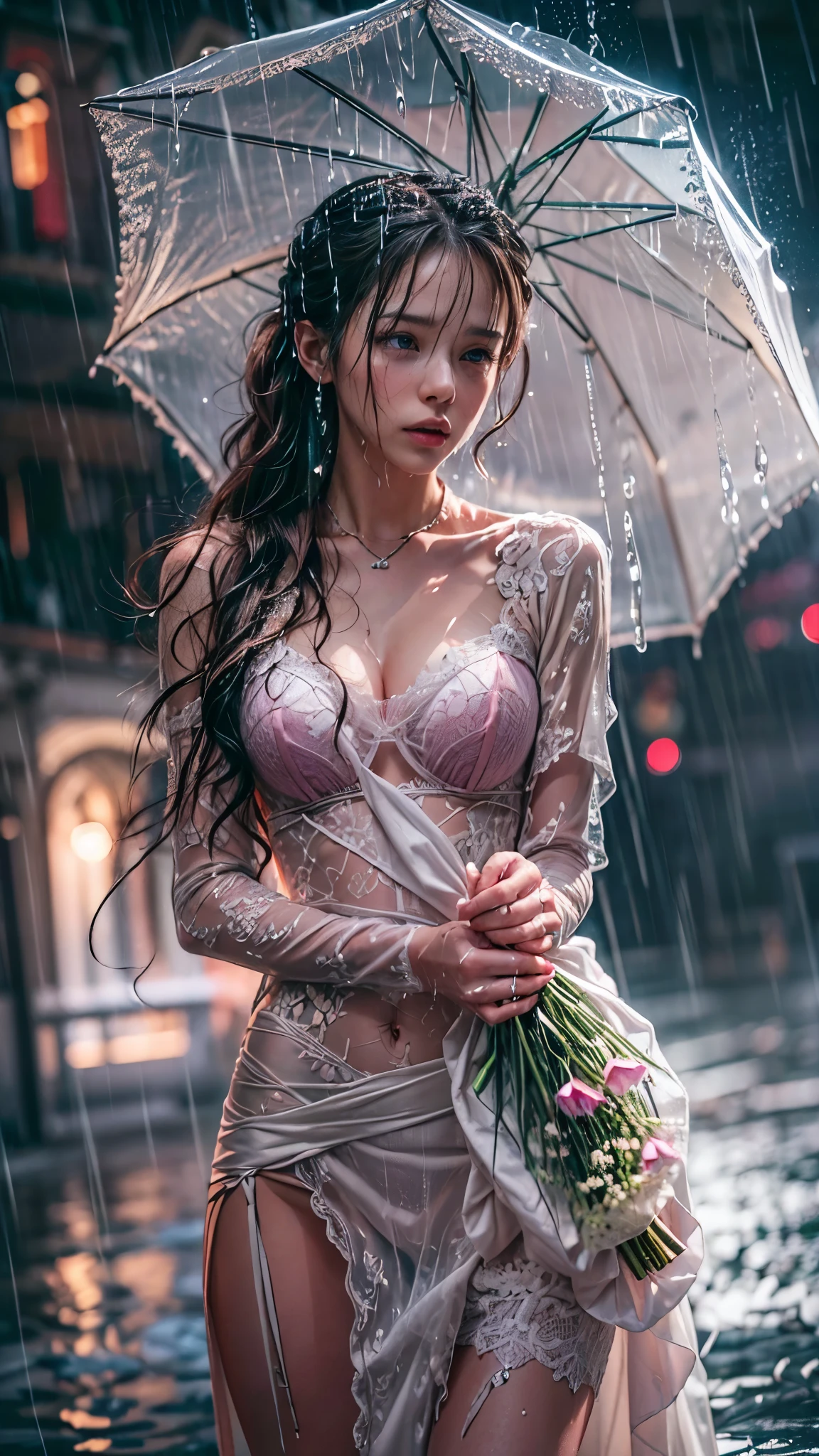 (RAW shooting, Photoreal:1.5, 8K, highest quality, masterpiece, ultra high resolution), (((Typhoon heavy rain))), perfect dynamic composition:1.2, (In front of a church at night in a modern city, expression of sadness:1.1, Tears are flowing:1.1, cry with a broken heart:1.1), Highly detailed skin and facial textures:1.2, Slim office lady wet in the rain:1.3, cowboy shot, Fair skin:1.2, sexy beauty:1.1, perfect style:1.2, beautiful and aesthetic:1.1, very beautiful face:1.2, water droplets on the skin, (rain drips all over my body:1.2, wet body:1.2, wet hair:1.3), (Holding a wet bouquet:1.2, wet pink wedding dress:1.3), (Medium chest, Bra is transparent, Chest gap),  (Eyes that feel beautiful eros:0.8), (Too erotic:0.9, Bewitching:0.9), necklace, earrings, bracelet