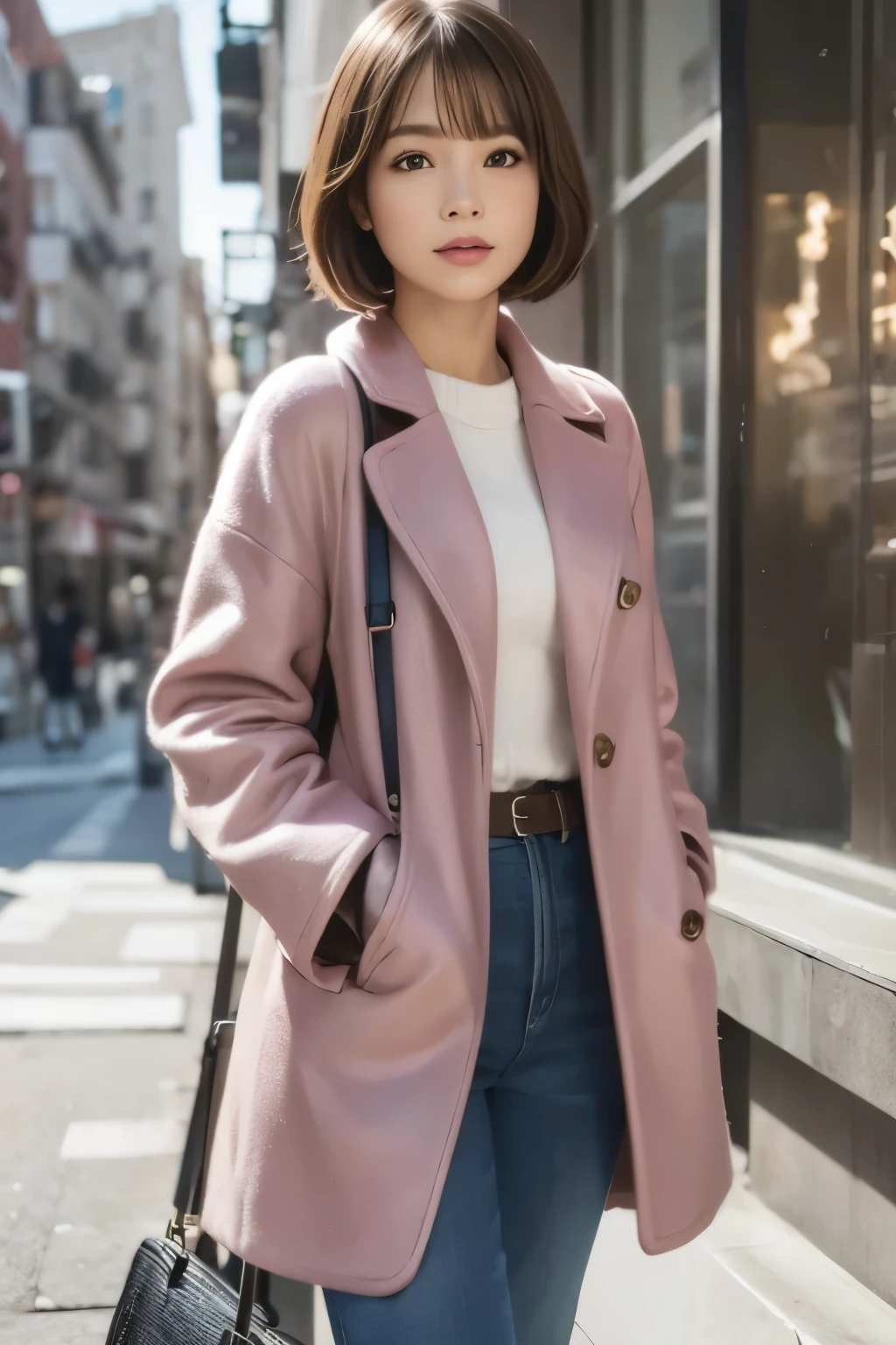 pink coat:1.3, medium bob