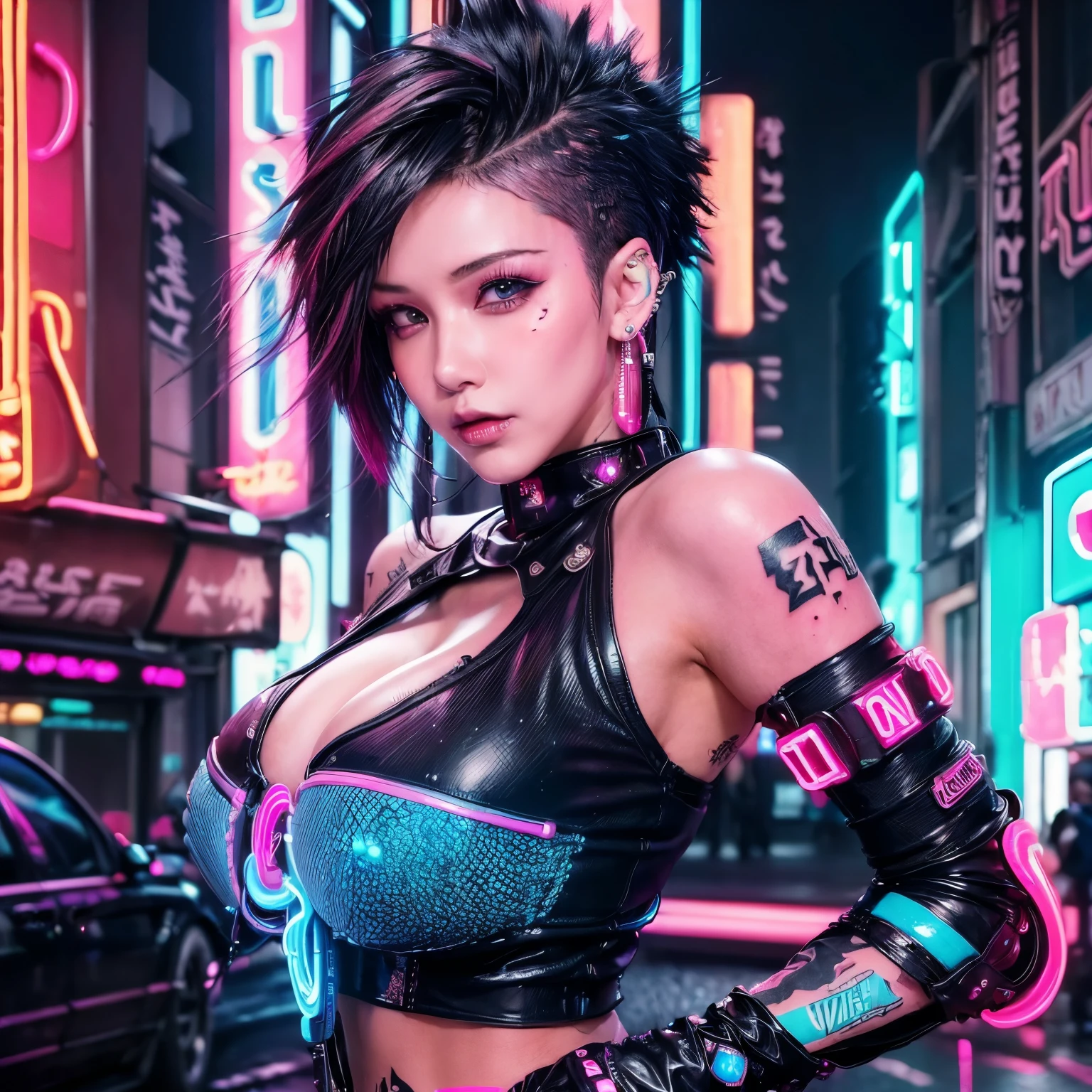 (0best quality, beautiful and aesthetic:1.2),(1 girl in:1.4),full body,sexy seductive slutty pose([pink|black] short mohawk Hair:1.5),Very detailed,(Fractal art:1.3),(colored:1.5) ,highest details,(Neon background:1.4),(Neon city:1.75),night, accentuated super huge big breasts,cleavage showing(_Lolita:1.2),high heels,blush,(Cyberpunk, Harajuku-inspired cyberpunk, tattoo sleeves and piercings:1.4), Brunette, Colossal breasts, rich colors hyper realistic and realistic texture dramatic lighting