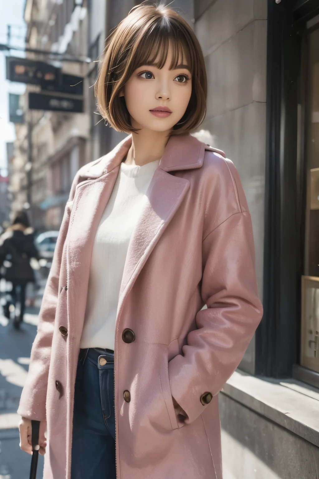 pink coat:1.3, medium bob