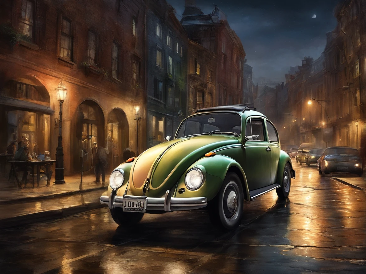 A computer-generated (CGI) rendering of a Volkswagen Beetle driving on a nighttime city street. The car’s headlights illuminate the scene, and elements like a traffic light and fire hydrant add to the realistic atmosphere. The composition follows a 16:9 aspect ratio, emphasizing the dynamic cityscape at night.

Negative Prompt:
Poorly executed CGI rendering, lack of realism in depicting the nighttime city street, ineffective use of lighting, unclear focus on the Volkswagen Beetle, unimpressive composition, absence of atmospheric details, failure to convey a sense of depth and dimension.