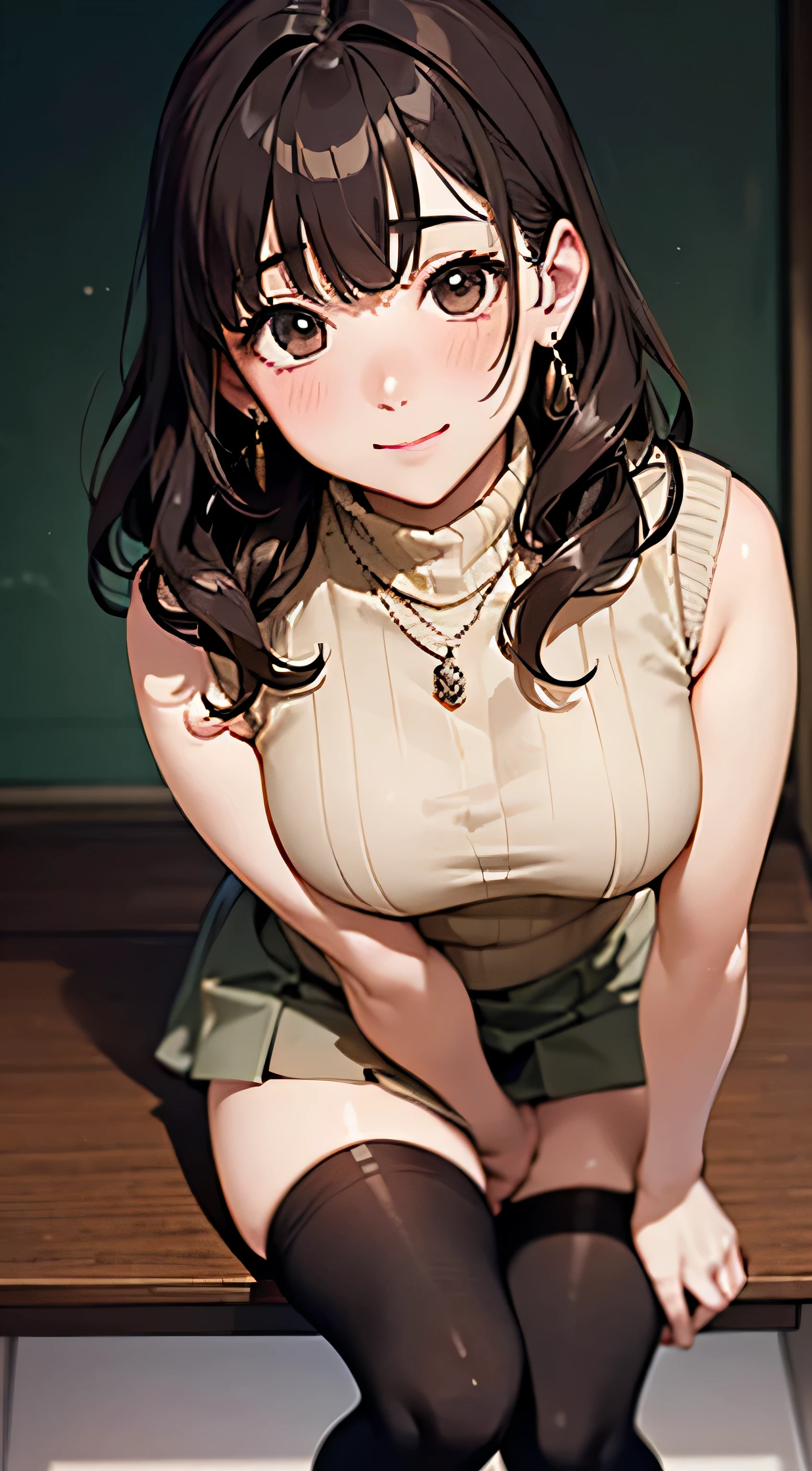 (table top, highest quality, High resolution, , perfect pixel, 4k,), 1 girl, single, alone, Beautiful woman、I could see the whole body、 ((wavy middle hair, bangs, brown hair)), ((brown eyes, beautiful eyelashes, realistic eyes)), ((detailed face, blush:1.2)), ((smooth texture:0.75, realistic texture:0.65, realistic:1.1, Anime CG style)), medium breasts, dynamic angle, perfect body, ((, female teacher, , earrings、necklace、Beige sleeveless turtleneck sweater、Tight Skirt、black knee high stockings、showing pink lace panties、shy smile)), upper grade、、、evening、、Bring your arms together to emphasize your chest、hold the necklace between your chest、(、()、angle from below)、