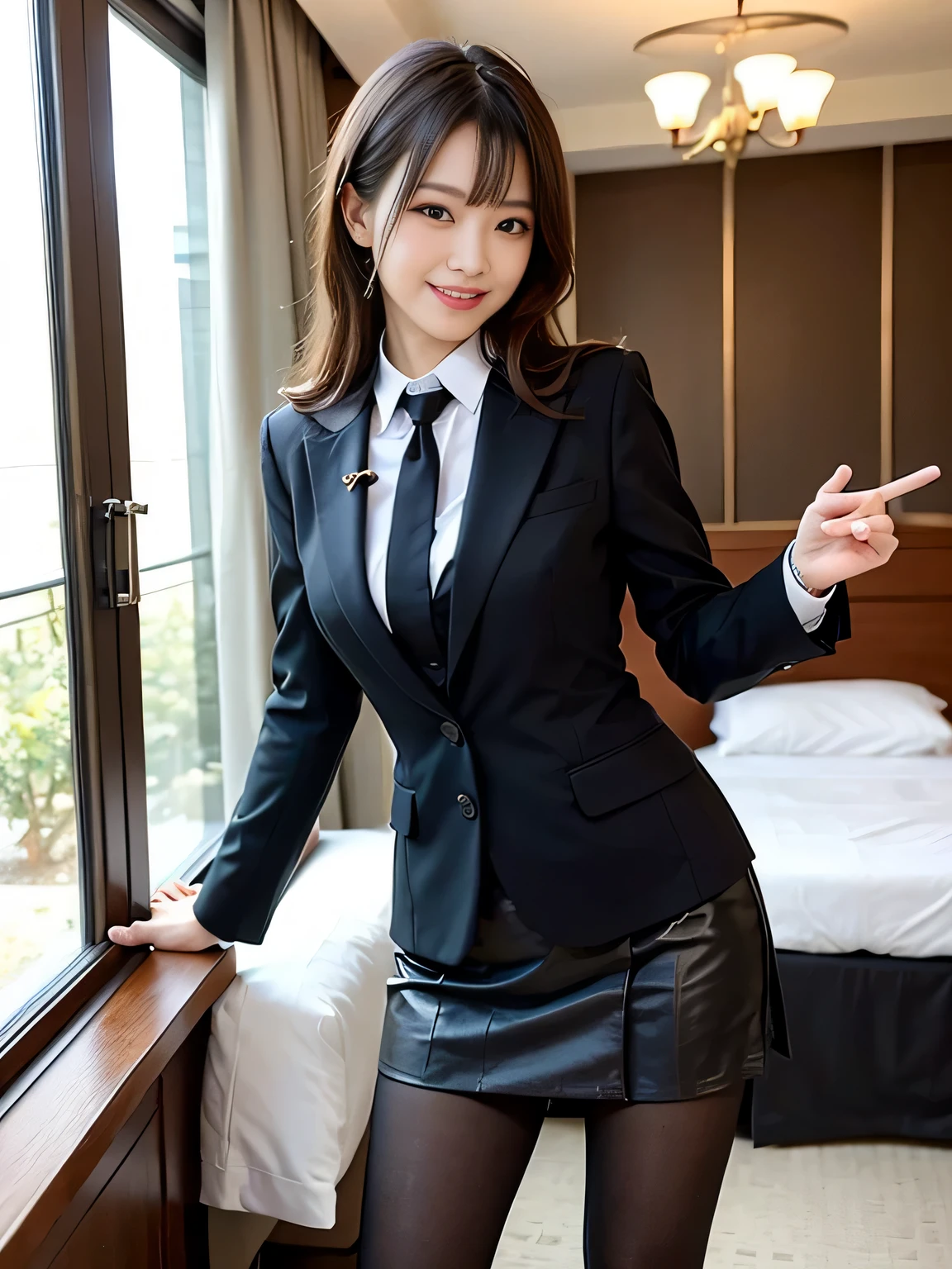 ((masterpiece:1.4))、((muste piece:1.4))、((hotel bedroom:1.4))、A woman with light brown hair is standing in a hotel lobby wearing a short black pleated skirt、very sexy costume, 厳格なWearing a suitいる、Stylish and glamorous cosplay, sexy costume, ファッションWearing a suitいる, Wearing a suit, dressed properly、黒色のタイトなWearing a suitいる, sexy look, suit、黒いWearing a suitいる、黒いWearing a suitいる、((smile:1.4))、