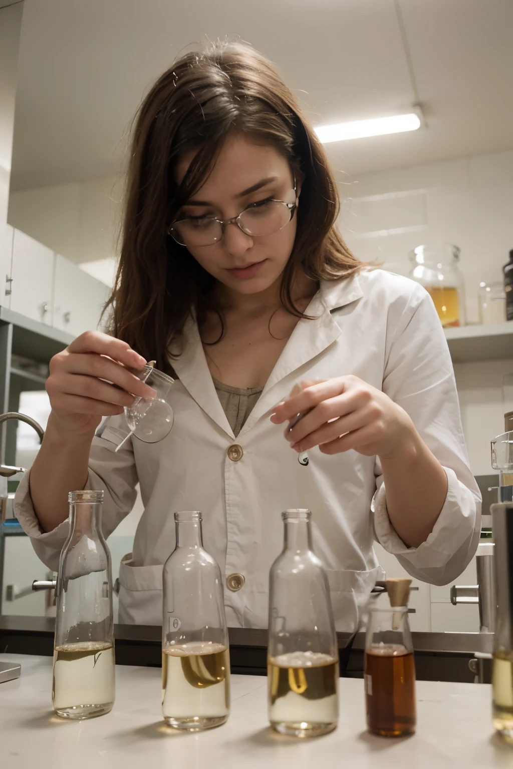 Quirky portrait of a female scientist, highlighting her lab coat, quirky glasses, and the chemical flask in her hands, captured as she conducts an experiment, medium shot, set in a well-equipped lab with various scientific instruments, lit by neutral, overhead lights to ensure color accuracy, shot from a three-quarters angle to showcase the lab environment, using a 24-70mm lens with a medium aperture to keep everything in focus, in the style of Tim Walker. (perfect face), (8K, 16k, uhd, dslr), (RAW photo:1.2), (best quality:1.4), (high quality:1.4), (masterpiece:1.2), (realistic:1.3), (photo-realistic:1.4), ultra-detailed, (grainy:0.4)