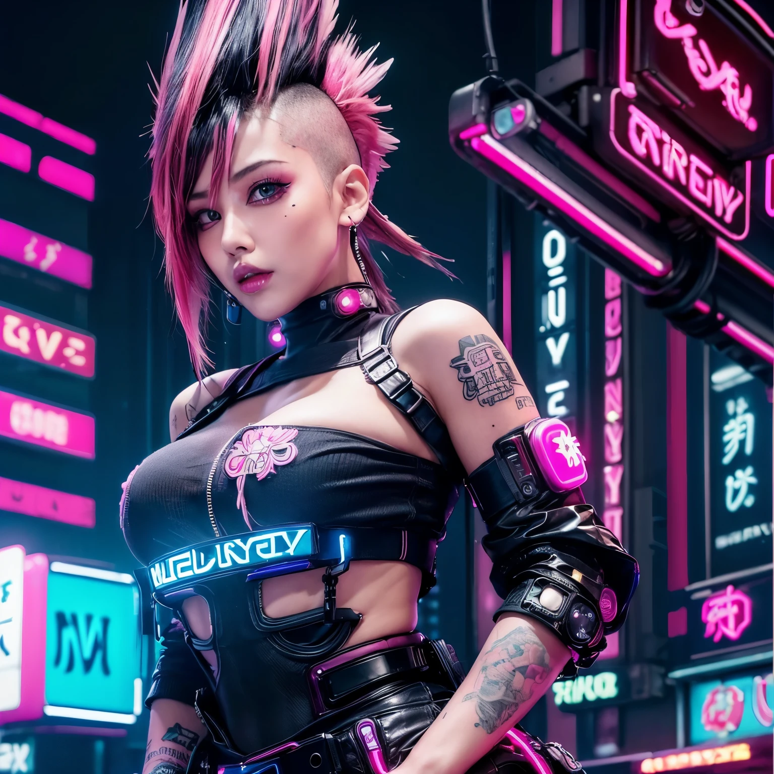 (0best quality, beautiful and aesthetic:1.2),(1 girl in:1.4),full body,sexy seductive slutty pose([pink|black] short mohawk Hair:1.5),Very detailed,(Fractal art:1.3),(colored:1.5) ,highest details,(Neon background:1.4),(Neon city:1.75),night, accentuated big booty,(_ta:1.2),high heels,blush,(Cyberpunk, Harajuku-inspired cyberpunk, tattoo sleeves and piercings:1.4), Brunette, Colossal breasts, rich colors hyper realistic and realistic texture dramatic lighting