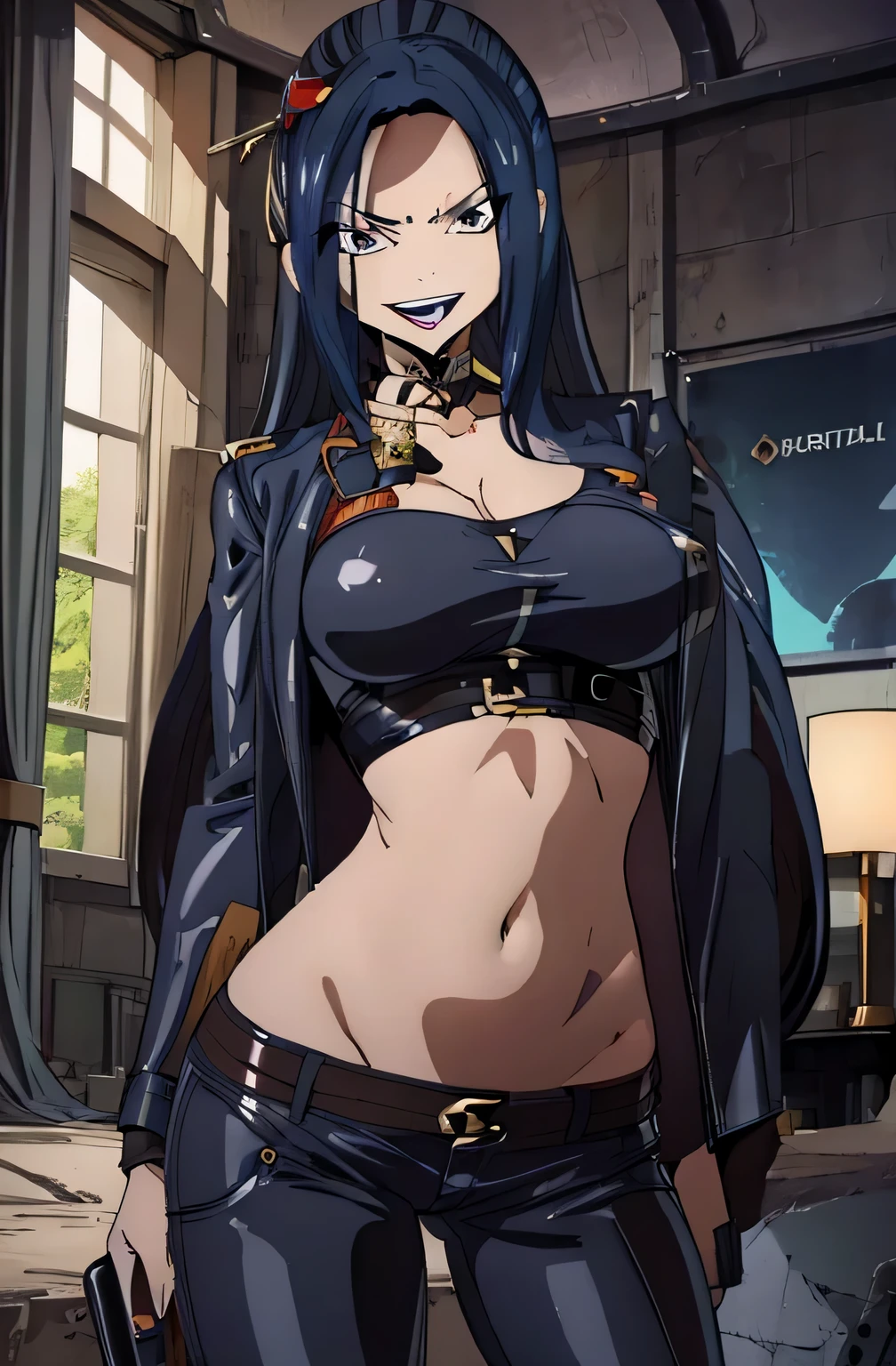 long hair, darkblue hair, bangs, lipstick,, masterpiece, best quality, highly detailed, a girls with a gun, evil smile , open mouth, sexy gaze, badass
pose , evil smile, smile, (nsfw) not safe for work, guns blazing, anime girl with long hair, beautiful long
haired girl, navel, evil expression, exposed belly, exposed navel, exposed midriff, exposed lower belly,
long black pants, crop top, cleavage, unbuttoned leather pants ,open fly, low rise black leather pants,
leather jacket, holding a gun, outdoor,street,road