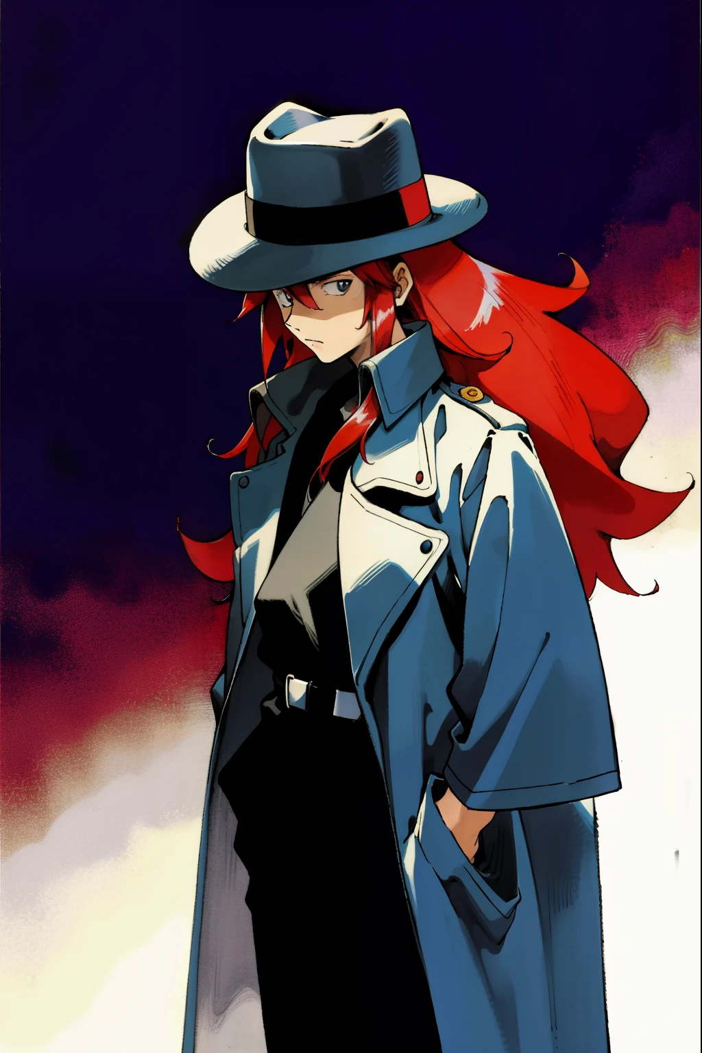 by Ken Sugimori, sugimori 1990s, ((only 1man)), long trenchcoat, wide brimmed hat, red hair ((hands behind their back)), full black pupils, manga, best quality, highly detailed, clean lines, cowboy shot, good hands, good eyes, hd, 8k, professional, symmetrical, hires, 8k,