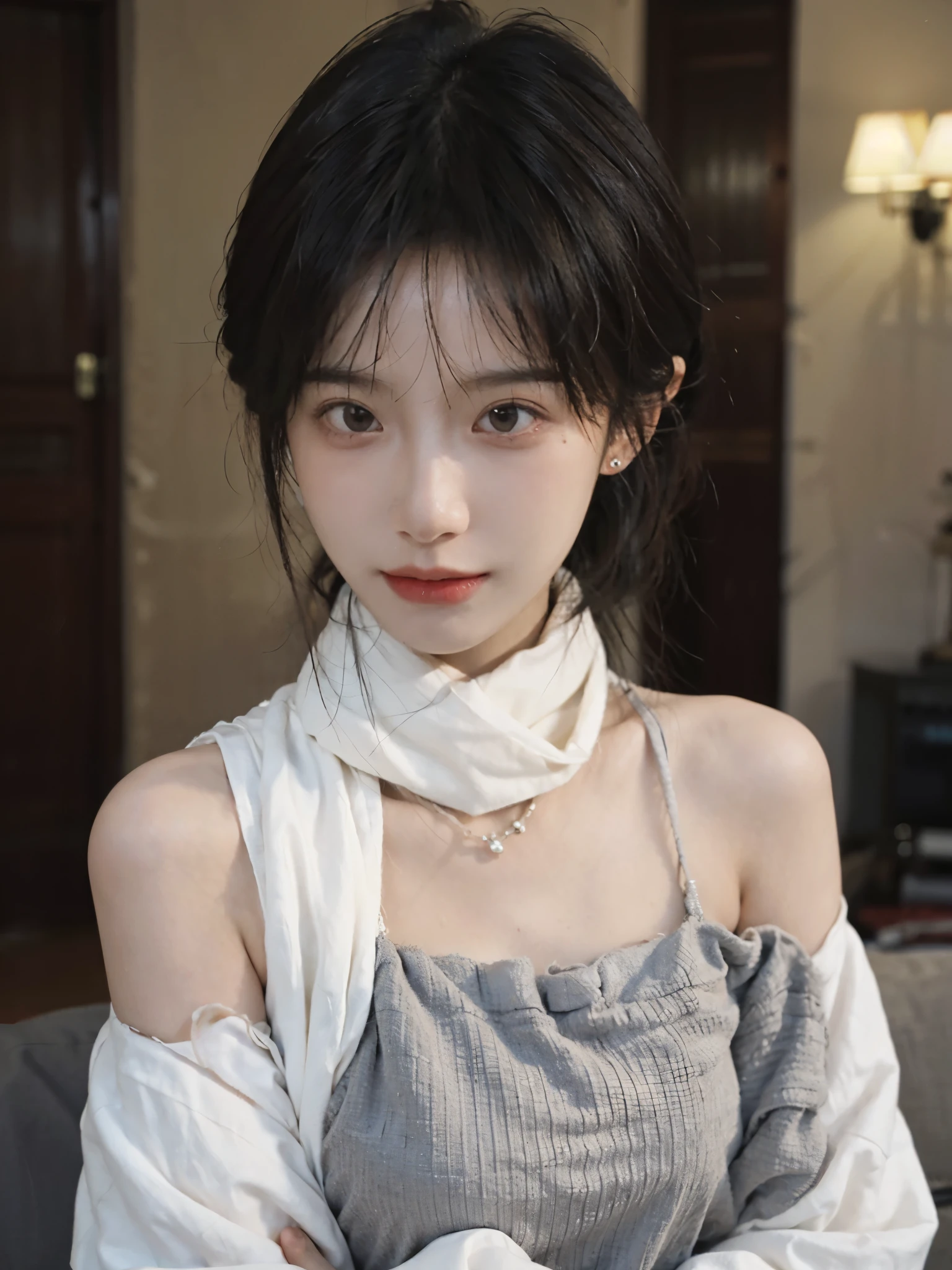 Film portrait photography, 1 girl, bare shoulders,lipstick,(flat chest:1.4), wavy shoulder-length hair, wear necklace,scarf,earrings,short sleeves,serene, calm, (Realistic and detailed eyes, natural skin texture, Realistic facial details), Soft dramatic lighting, depth of field, Bokeh, Vibrant details, Detailed and detailed, surreal, 35mm film, hazy, ,