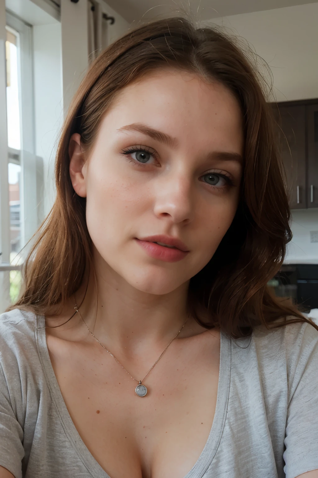 photo of beautiful 24 y.o Kathryn McClellan, medium length ginger hair, beautiful eyes, detailed eyes, pale skin, looking confident, casual, indoor, with an air of superiority, (random freckles:0.2), grey t-shirt, jeans, cleavage, curvy, face close up, face, detailed face, 