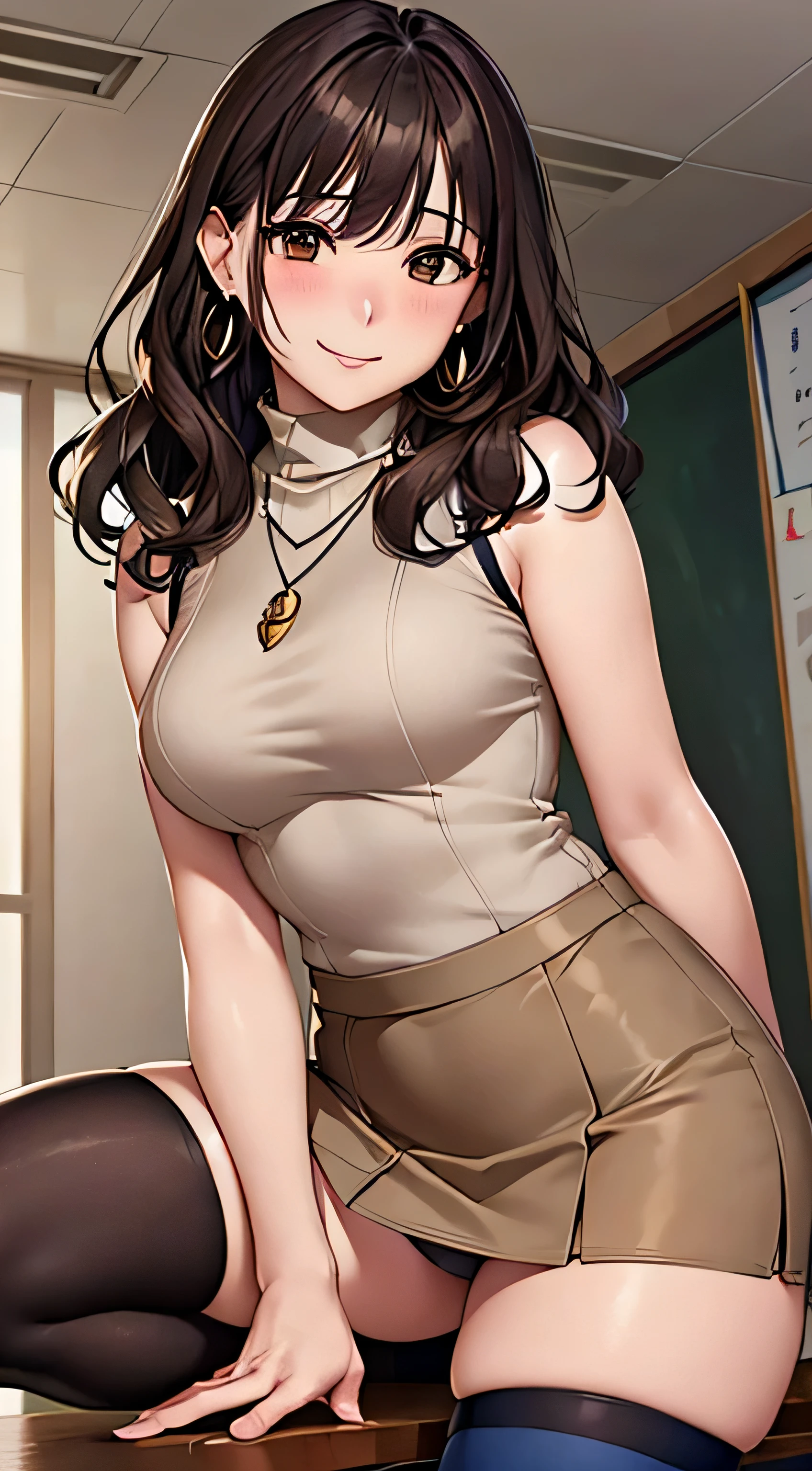 (table top, highest quality, High resolution, , perfect pixel, 4k,), 1 girl, single, alone, Beautiful woman、I could see the whole body、 ((wavy middle hair, bangs, brown hair)), ((brown eyes, beautiful eyelashes, realistic eyes)), ((detailed face, blush:1.2)), ((smooth texture:0.75, realistic texture:0.65, realistic:1.1, Anime CG style)), medium breasts, dynamic angle, perfect body, ((, female teacher, , earrings、necklace、Beige sleeveless turtleneck sweater、Dark Blue Tight Skirt、black knee high stockings、、shy smile)), upper grade、、、evening、、Bring your arms together to emphasize your chest、hold the necklace between your chest、(、()、angle from below)、