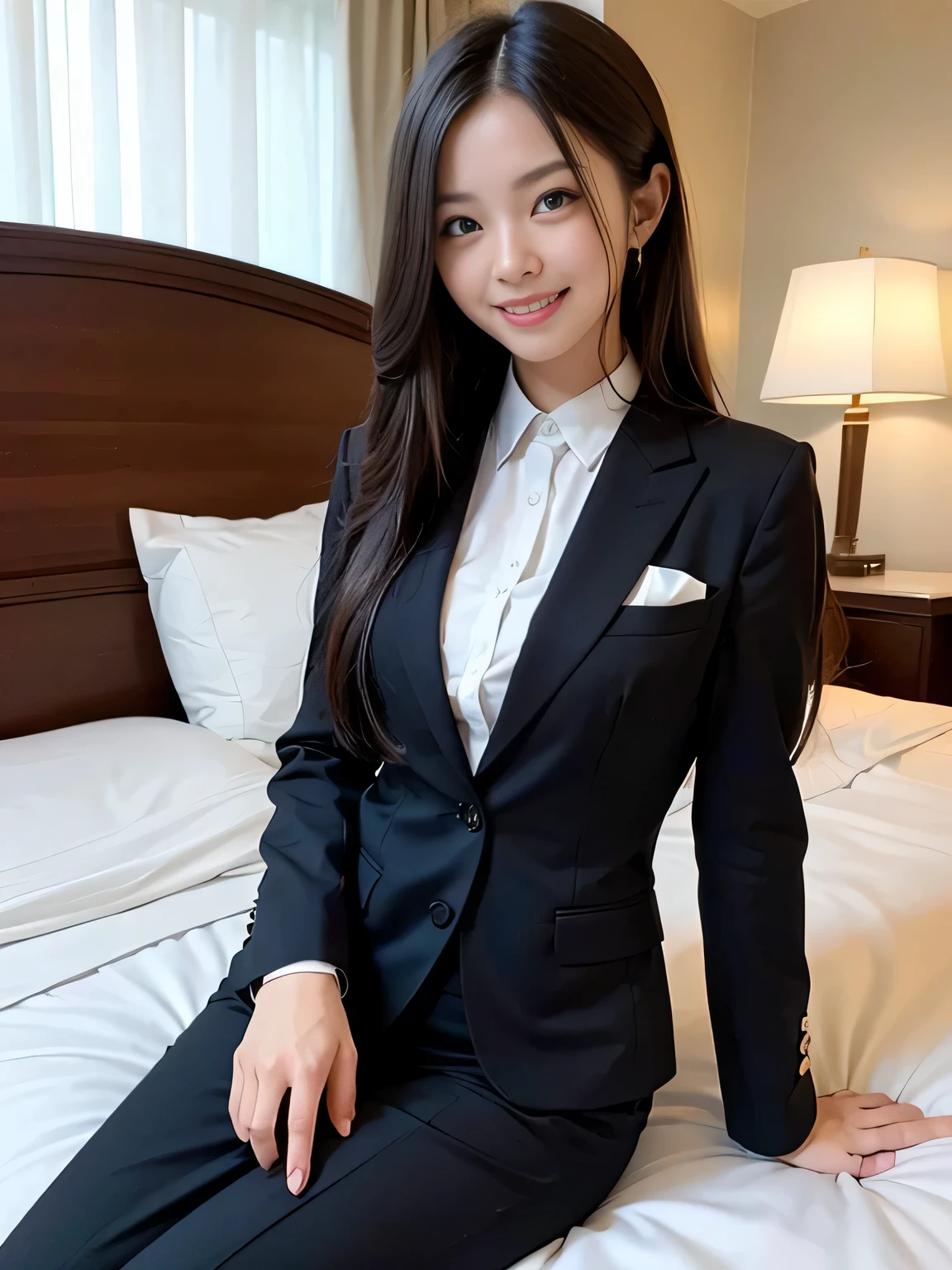 ((masterpiece:1.4))、((muste piece:1.4))、((hotel bedroom:1.4))、A woman with light brown hair is standing in a hotel bedroom wearing a short black pleated skirt、((long hair girl:1.4))、very sexy costume, 厳格なWearing a suitいる、Stylish and glamorous cosplay, sexy costume, ファッションWearing a suitいる, Wearing a suit, dressed properly、黒色のタイトなWearing a suitいる, sexy look, suit、黒いWearing a suitいる、黒いWearing a suitいる、((smile:1.4))、