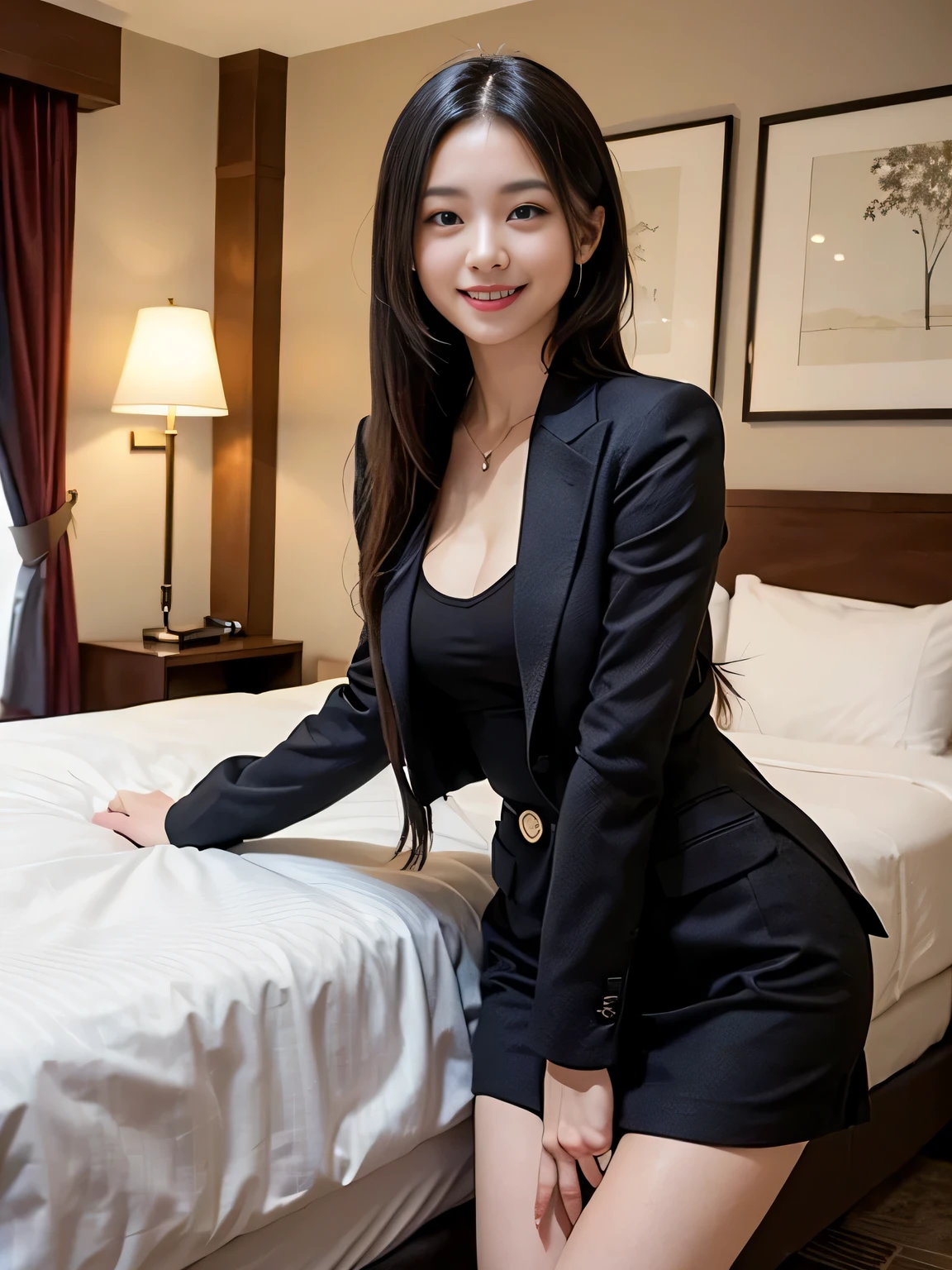 ((masterpiece:1.4))、((muste piece:1.4))、((hotel bedroom:1.4))、A woman with light brown hair is standing in a hotel bedroom wearing a short black pleated skirt、((long hair girl:1.4))、very sexy costume, 厳格なWearing a suitいる、Stylish and glamorous cosplay, sexy costume, ファッションWearing a suitいる, Wearing a suit, dressed properly、黒色のタイトなWearing a suitいる, sexy look, suit、黒いWearing a suitいる、黒いWearing a suitいる、((smile:1.4))、