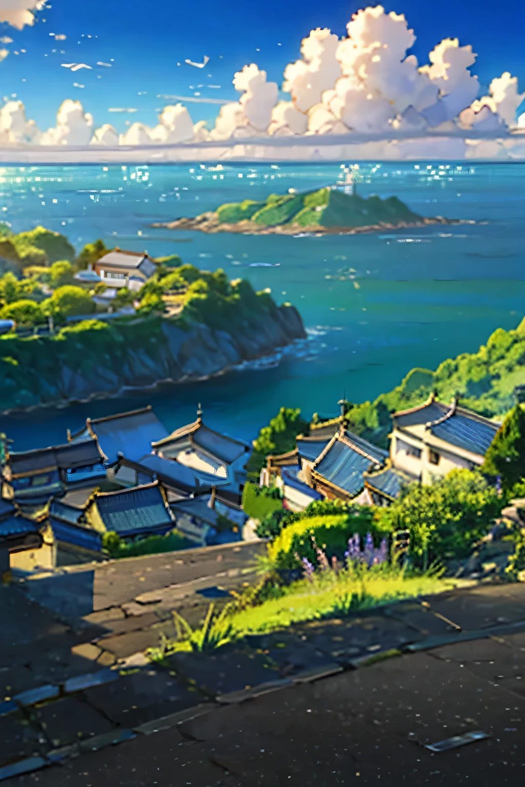 masterpiece, high quality, best work, best quality, highest quality picture, ultra detailed, townscape with old houses, blue sea and sky, game background, iridocumulus clouds in the centre of the screen, sharp outline, light colour, nobody's here, endless horizon, traditional japanese townscape, traditional japanese summer, summer landscape, perspectives from the ground, perspective, view from a high vantage point