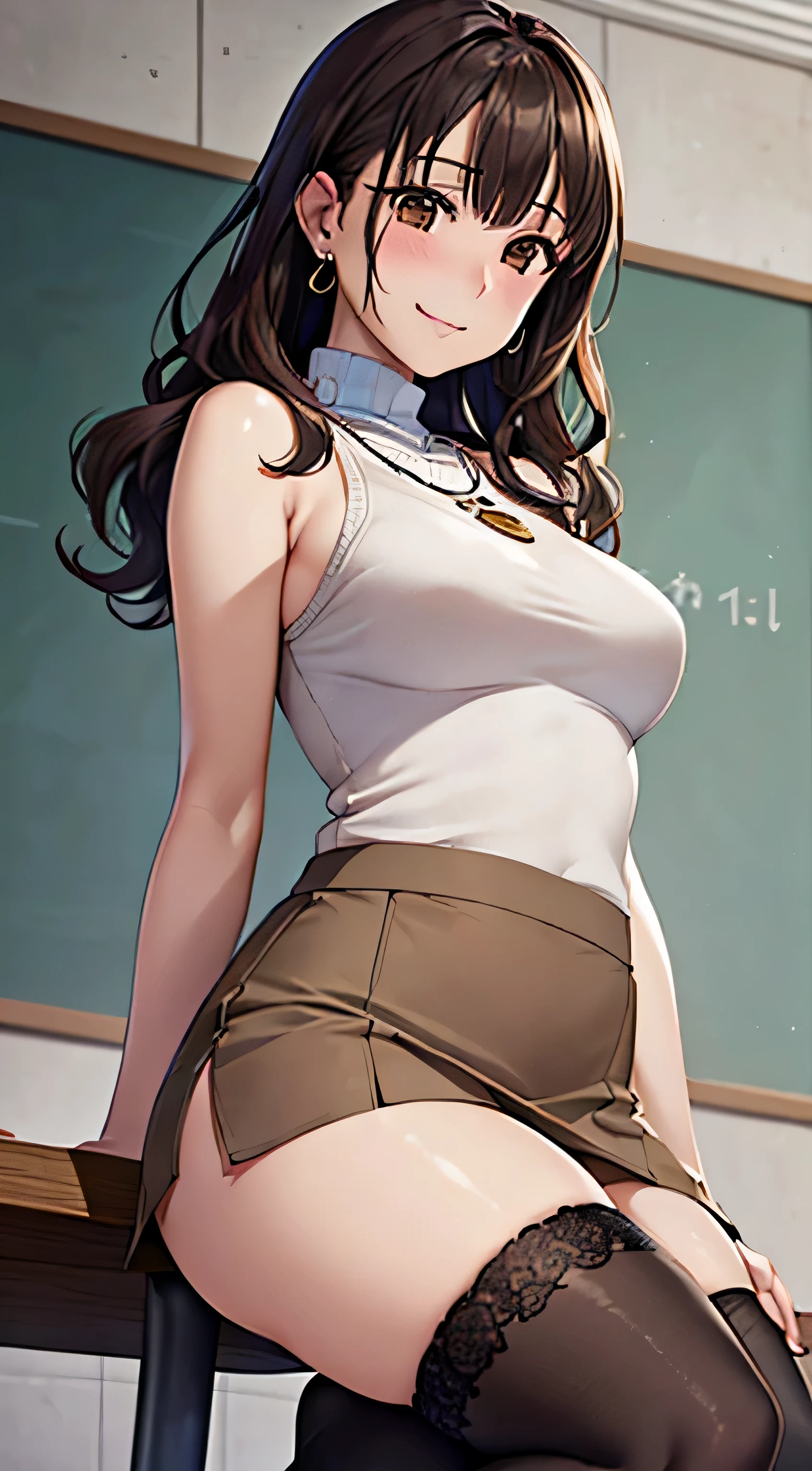 (table top, highest quality, High resolution, , perfect pixel, 4k,), 1 girl, single, alone, Beautiful woman、I could see the whole body、 ((wavy middle hair, bangs, brown hair)), ((brown eyes, beautiful eyelashes, realistic eyes)), ((detailed face, blush:1.2)), ((smooth texture:0.75, realistic texture:0.65, realistic:1.1, Anime CG style)), medium breasts, dynamic angle, perfect body, ((, female teacher, , earrings、necklace、sleeveless turtleneck sweater、Tight Skirt、black knee high stockings、show white lace panties、shy smile)), upper grade、、、evening、、Bring your arms together to emphasize your chest、hold the necklace between your chest、(、()、angle from below)、