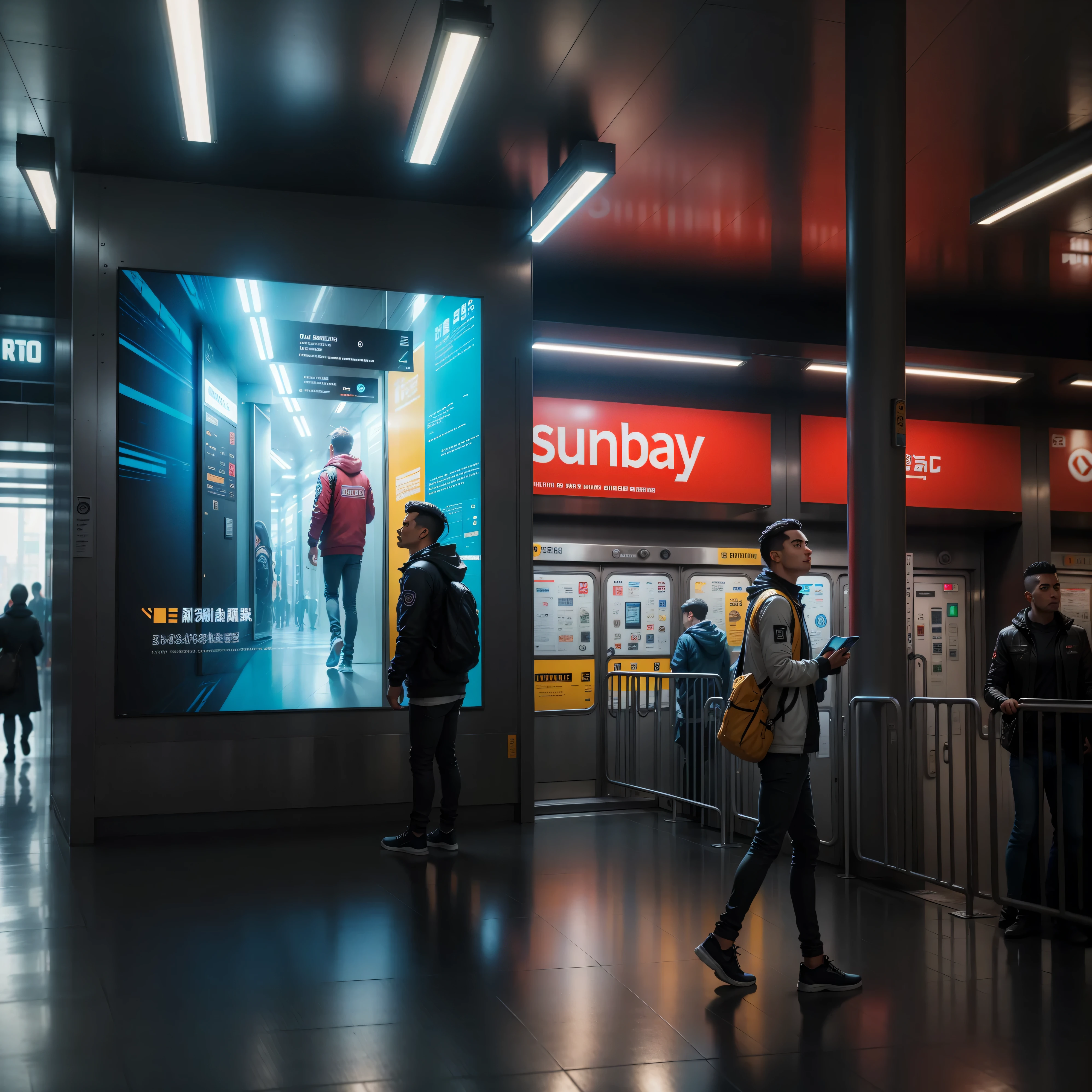 people walking in a subway station with a large screen on the wall, subway station, subways, futuristic cyber subway station, in a subway, subway, outdoor digital no meio, cyberpunk ads, outdoors digitais, the shaman of the subway, publicity photo, Advertising Preview, dia ensolarado, vendido em sukebannyc, cinematic beep, luz do sol, acrescente detalhes refinados