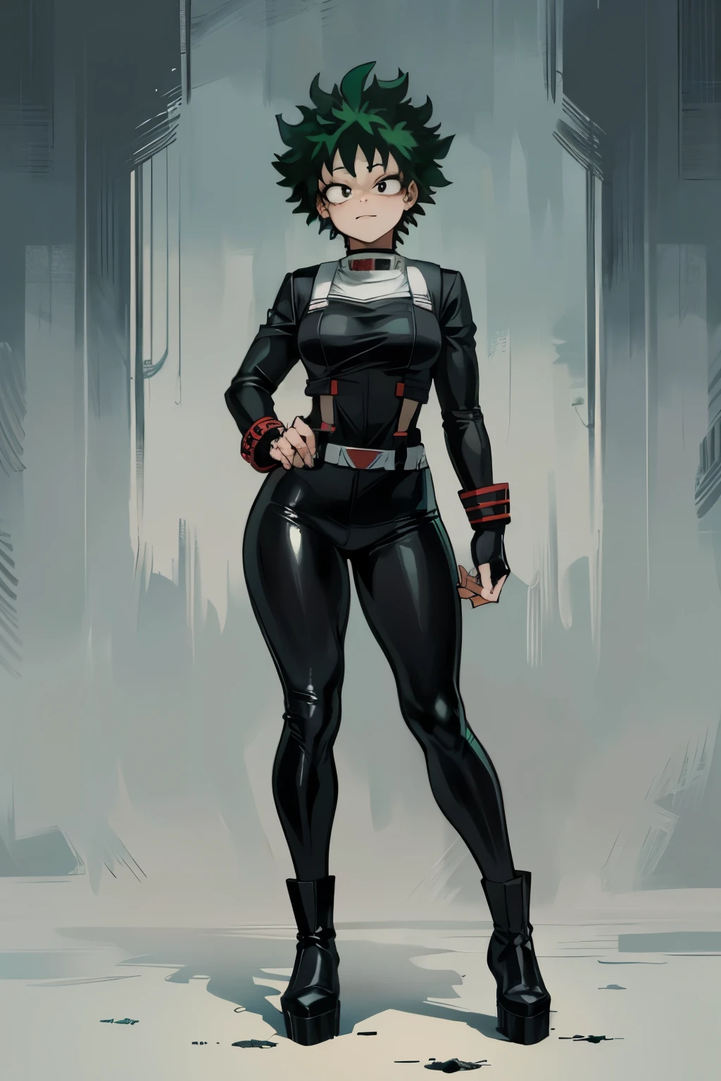 ((((My Hero Academia Style)))), (((Izuku Midoriya))), (((genderbender))), 1Girl, Goth Woman, pale skin, black lipstick, long straight black hair with bangs, choker with spikes, black clothes, black pants, big breasts, thin waist, wide hips, attractive face, big black platform combat boots, black t-shirt, spiked bracelet, ((full body photo:1.5)), beautiful female, nun, black tight latex catsuit with nun outfit, two leather belts on hip, latex body harness, beautiful make up, best quality, masterpiece,
