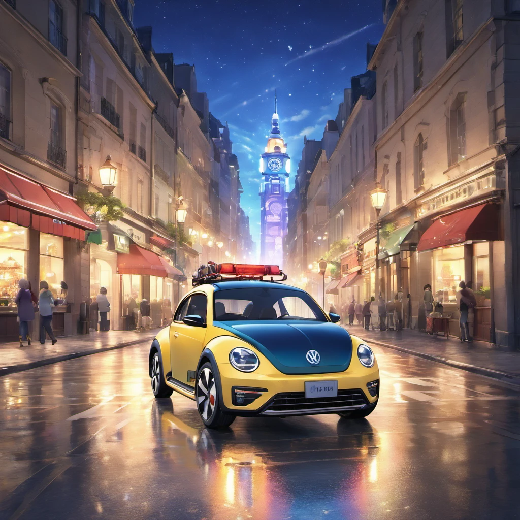 A computer-generated (CGI) rendering of a Volkswagen Beetle driving on a nighttime city street. The car’s headlights illuminate the scene, and elements like a traffic light and fire hydrant add to the realistic atmosphere. The composition follows a 16:9 aspect ratio, emphasizing the dynamic cityscape at night. Negative Prompt: Poorly executed CGI rendering, lack of realism in depicting the nighttime city street, ineffective use of lighting, unclear focus on the Volkswagen Beetle, unimpressive composition, absence of atmospheric details, failure to convey a sense of depth and dimension.