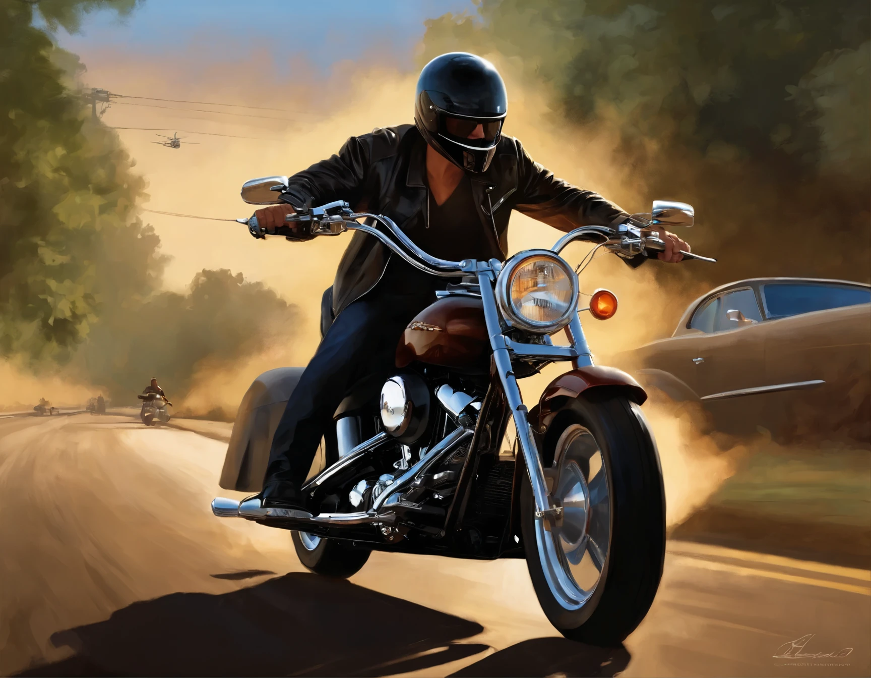 painting of a biker on a chopper on the front driving down a road, by Rob Alexander, full color digital illustration, classic car, by Craig Thompson, stylized digital illustration, by Randy Gallegos, inspired by the Sons of Anarchy, style of tim hildebrandt, by Brian Thomas, digital illustration -, inspired by Brothers Hildebrandt, in style of digital illustration